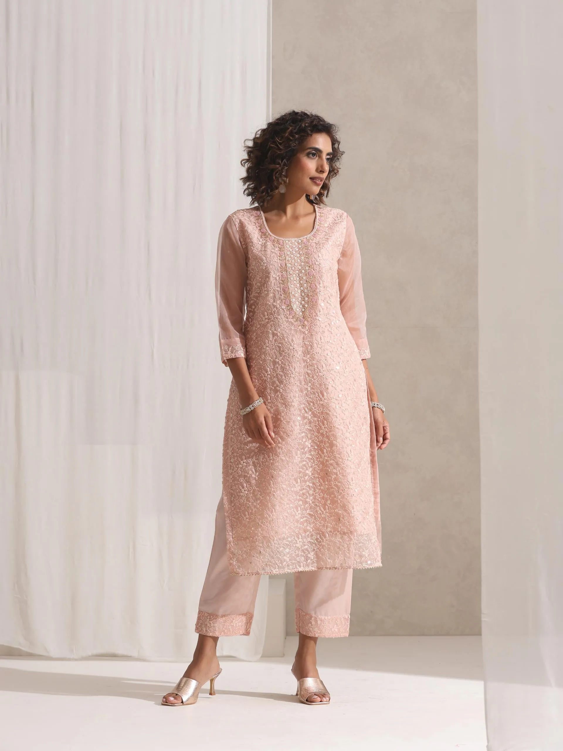 3 Pc SET - Dusty Pink Beaded and Emrboidered Organza Kurta and Dupatta with Pyjama