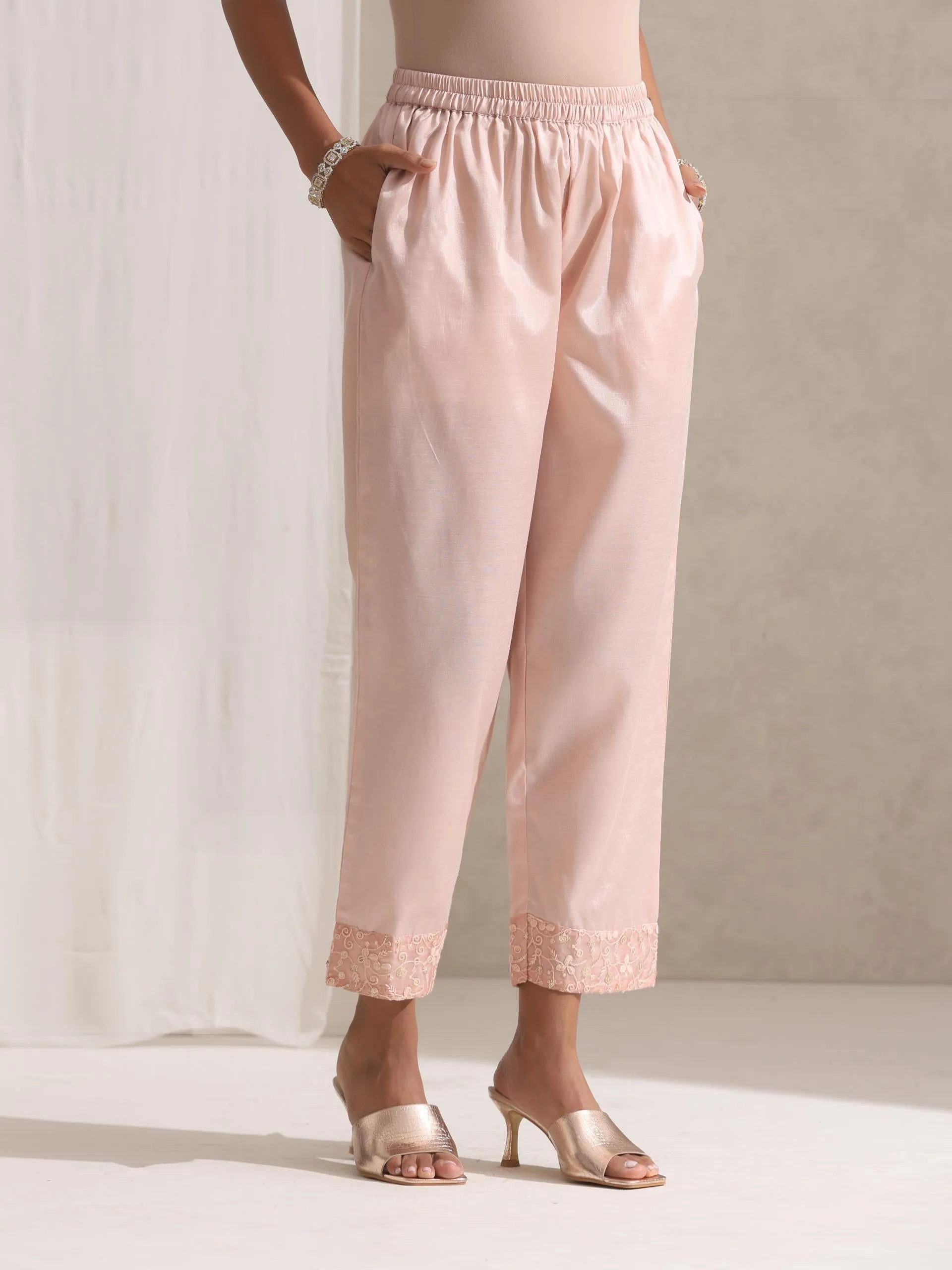 3 Pc SET - Dusty Pink Beaded and Emrboidered Organza Kurta and Dupatta with Pyjama