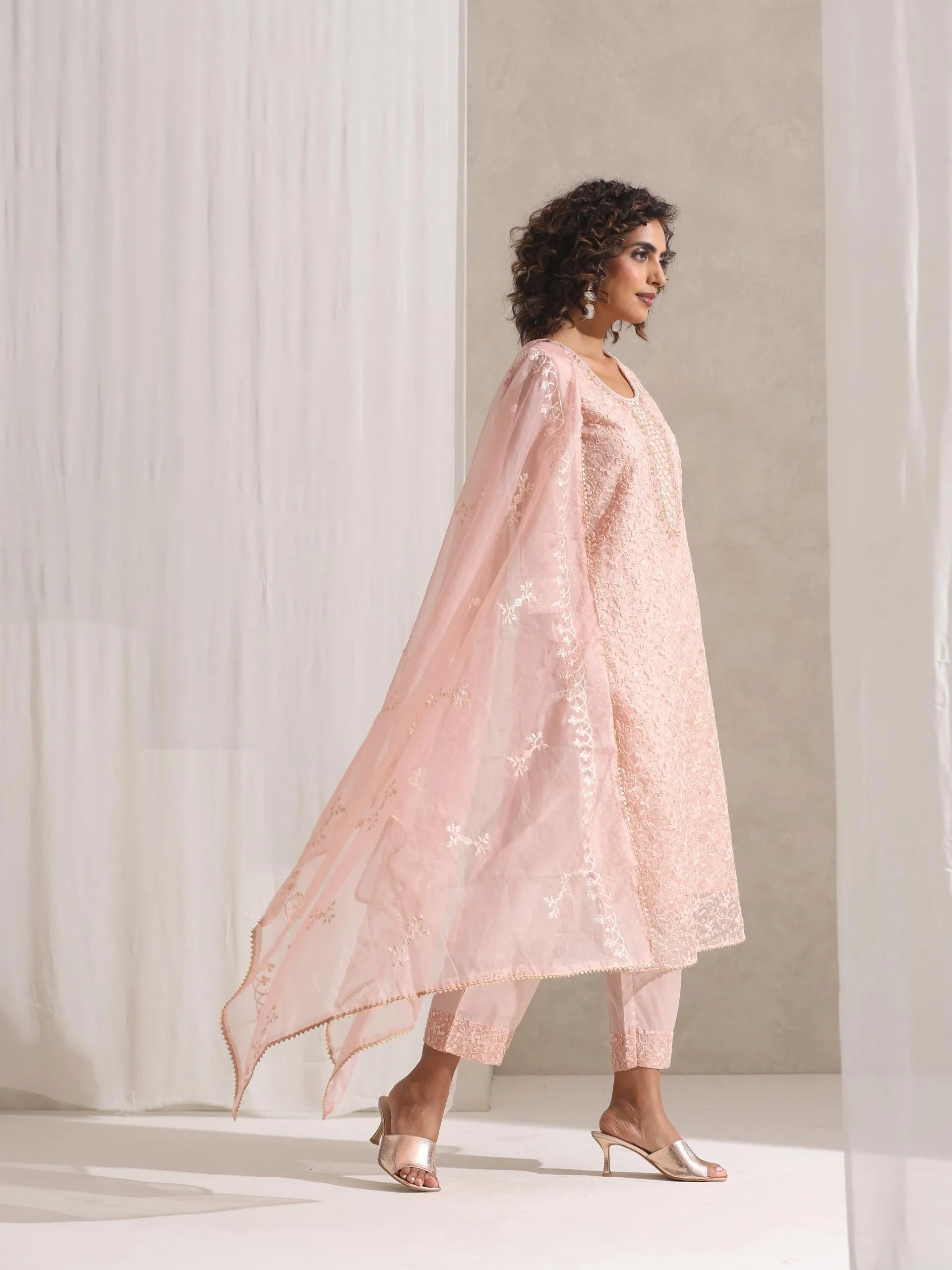3 Pc SET - Dusty Pink Beaded and Emrboidered Organza Kurta and Dupatta with Pyjama