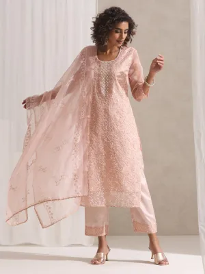 3 Pc SET - Dusty Pink Beaded and Emrboidered Organza Kurta and Dupatta with Pyjama