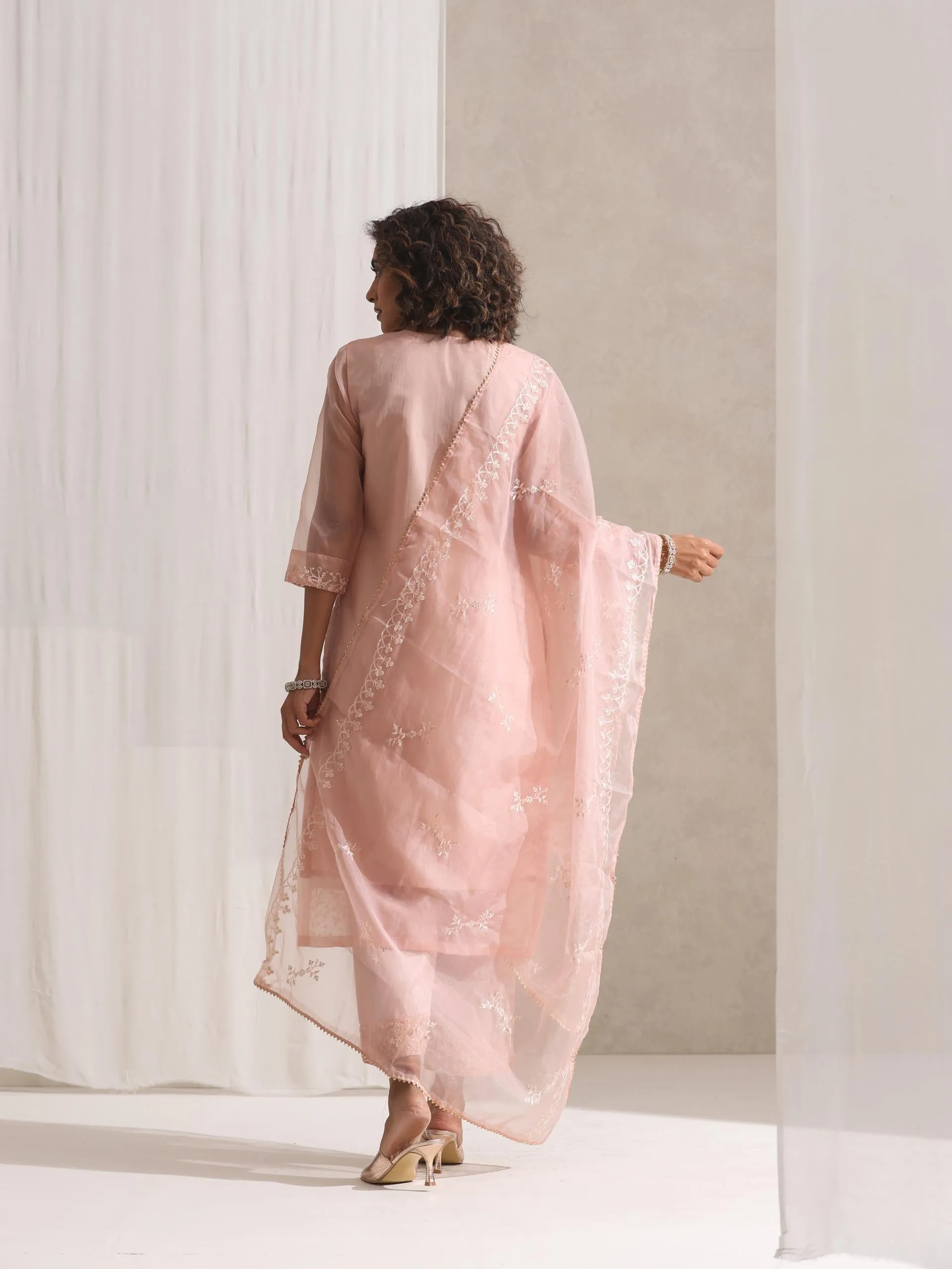 3 Pc SET - Dusty Pink Beaded and Emrboidered Organza Kurta and Dupatta with Pyjama