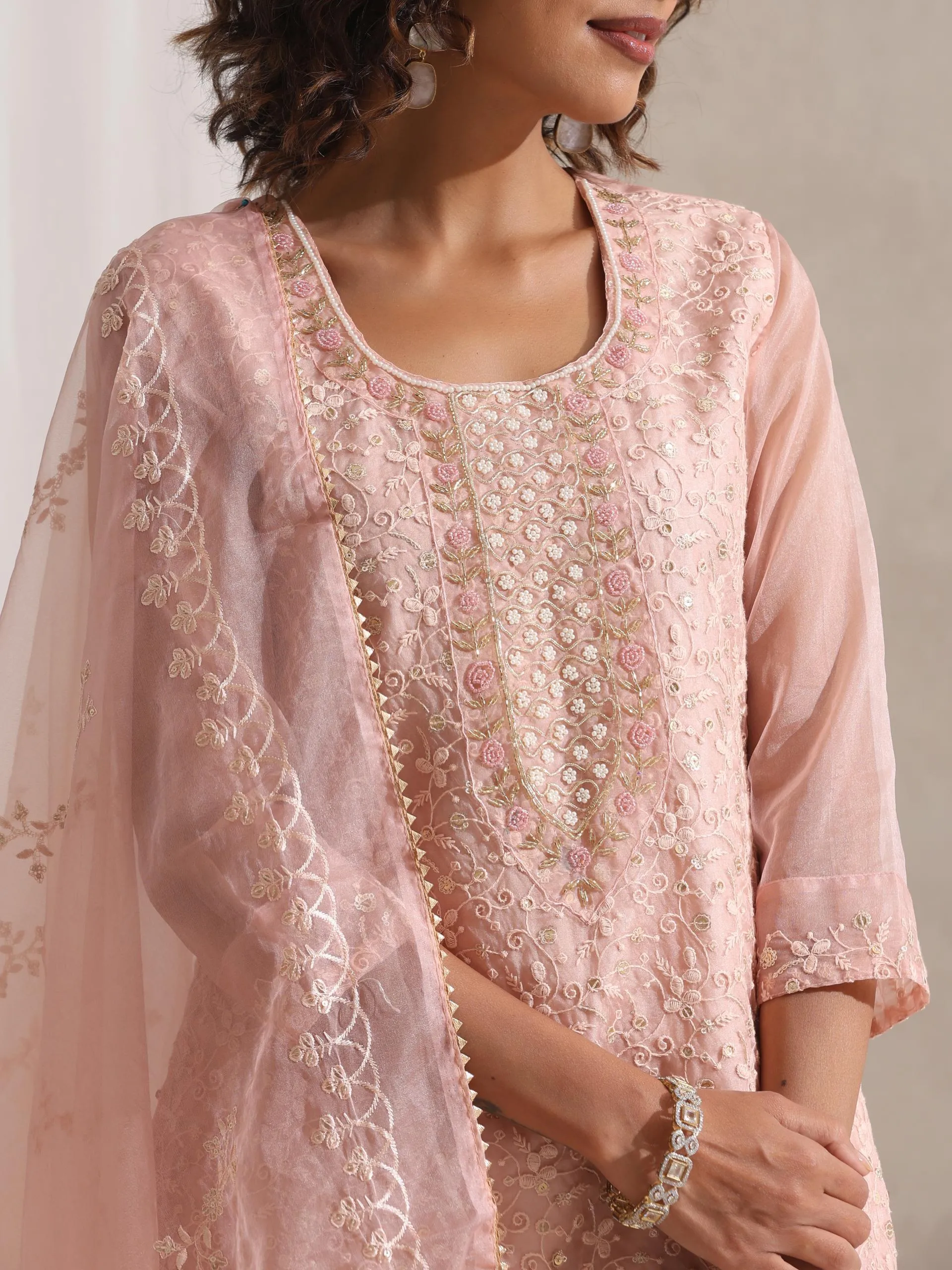 3 Pc SET - Dusty Pink Beaded and Emrboidered Organza Kurta and Dupatta with Pyjama