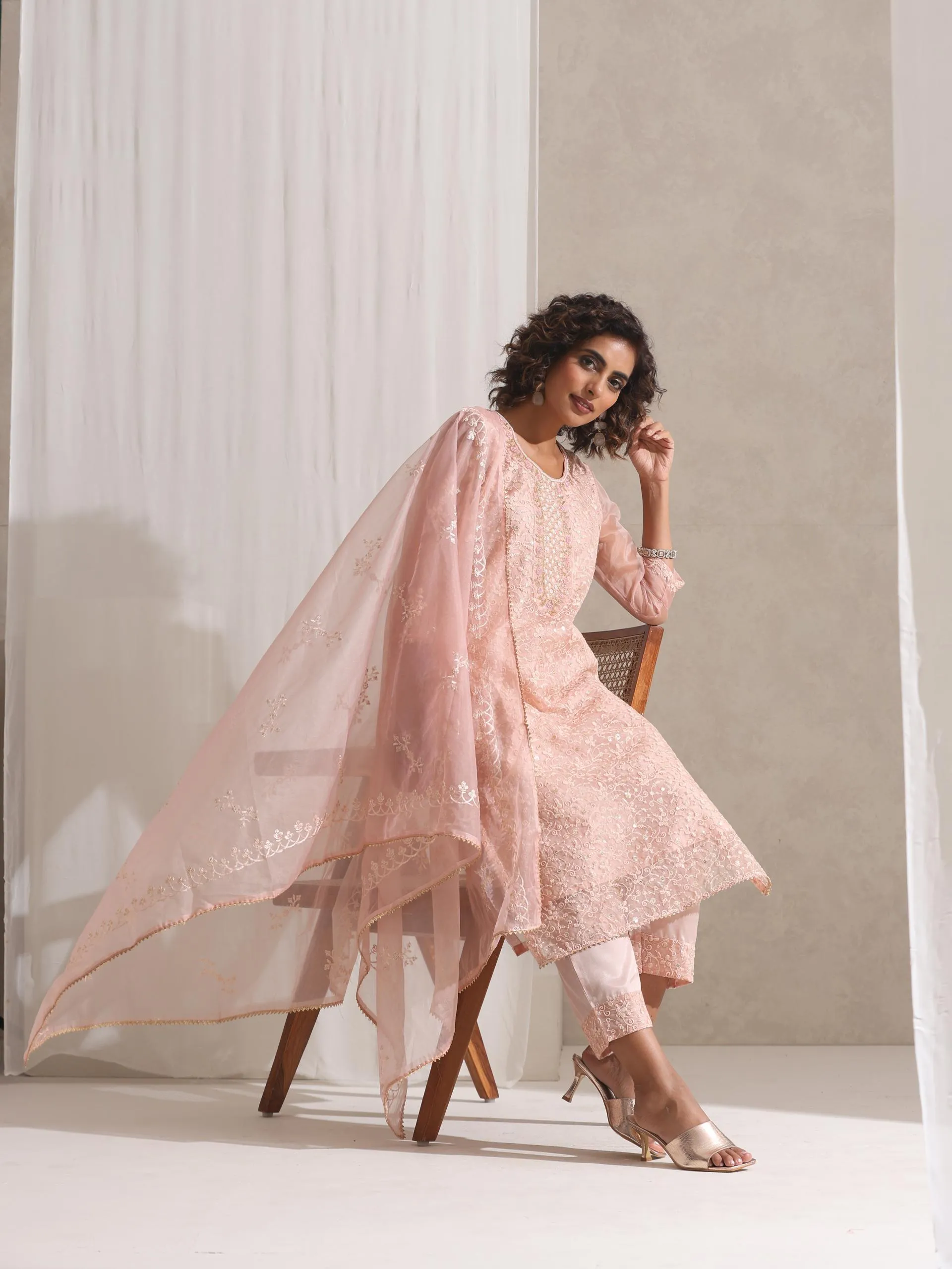 3 Pc SET - Dusty Pink Beaded and Emrboidered Organza Kurta and Dupatta with Pyjama
