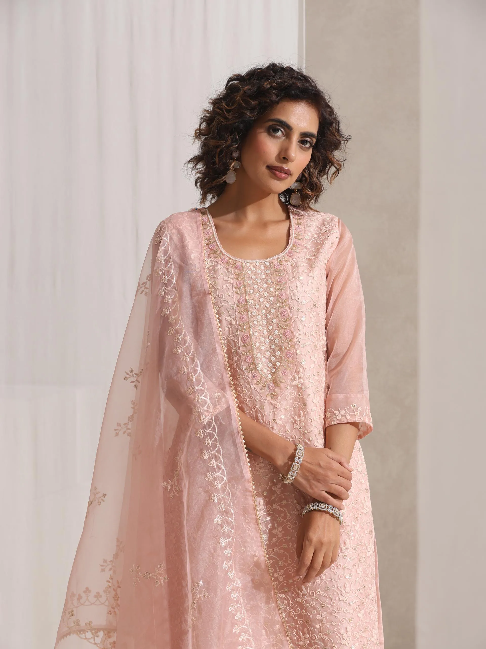 3 Pc SET - Dusty Pink Beaded and Emrboidered Organza Kurta and Dupatta with Pyjama