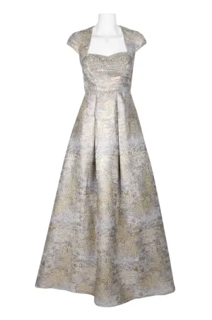 Aidan Mattox Metallic Jacquard A-Line Dress with Chic Cutout Back and Stylish Cap Sleeves