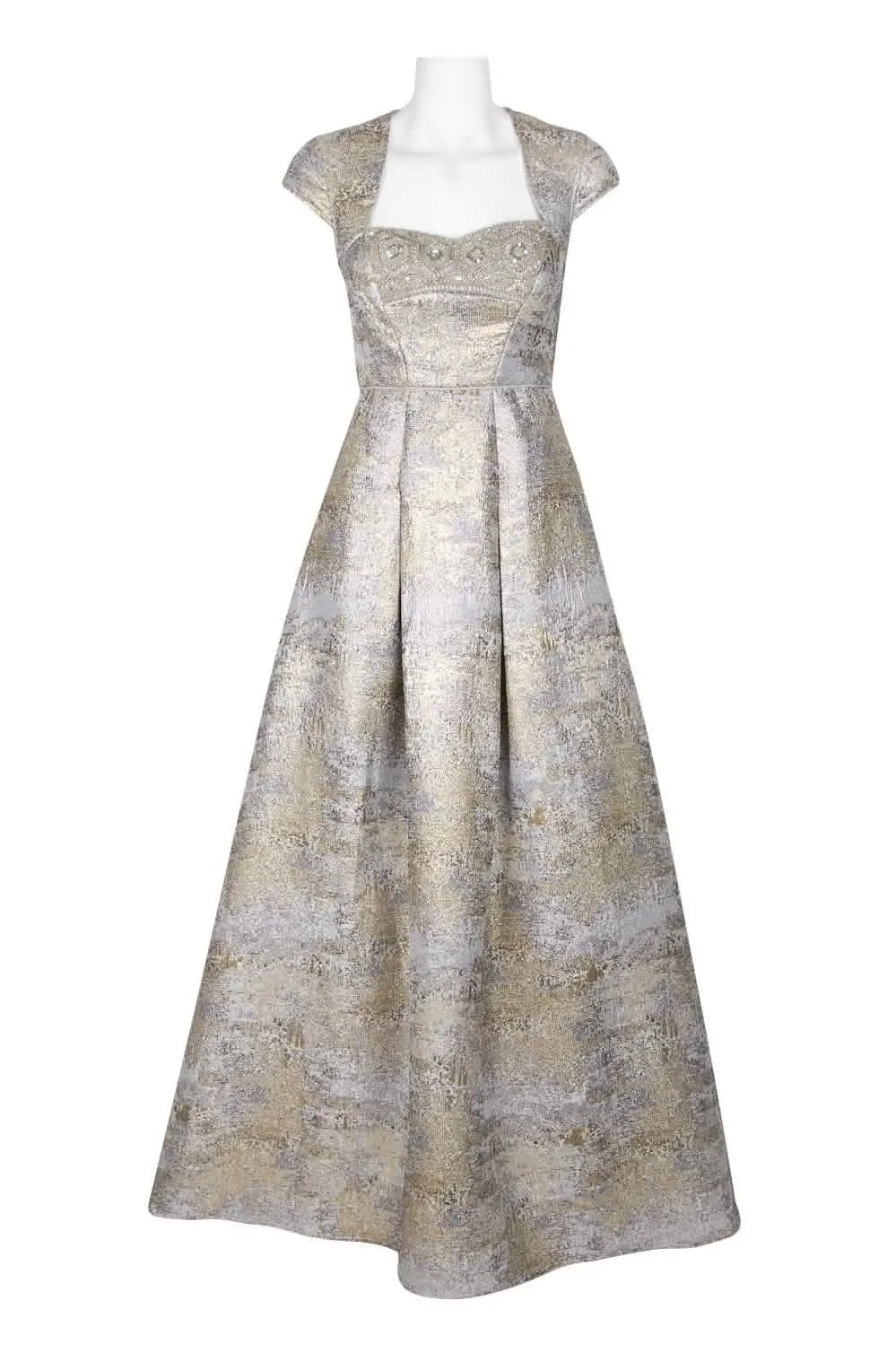 Aidan Mattox Metallic Jacquard A-Line Dress with Chic Cutout Back and Stylish Cap Sleeves