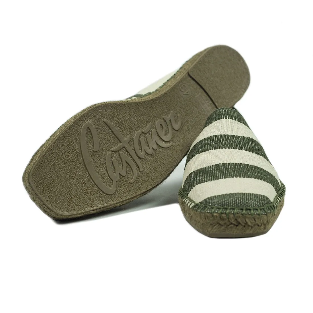 Army green and ecru woven stripes espadrilles with khaki sole