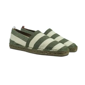 Army green and ecru woven stripes espadrilles with khaki sole