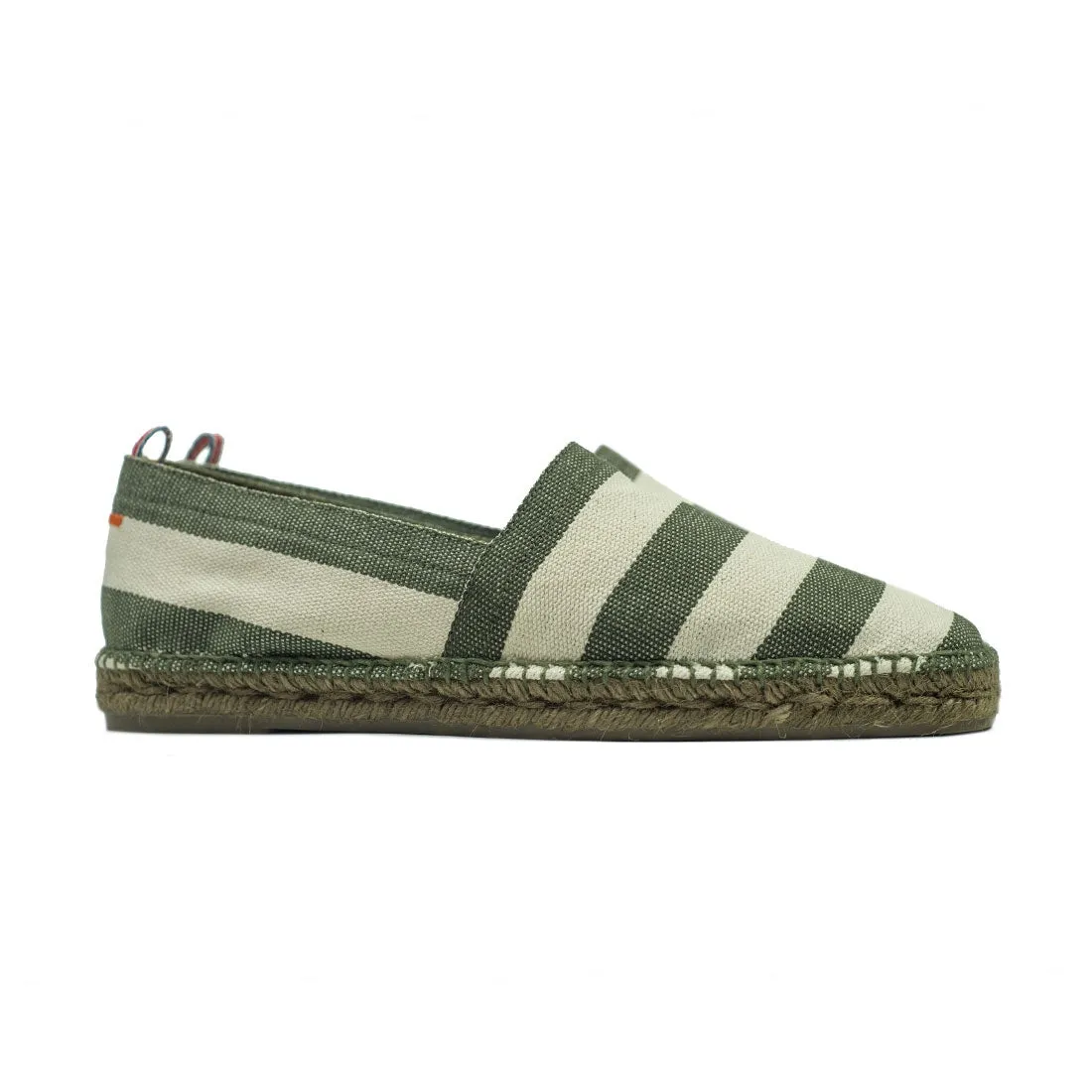 Army green and ecru woven stripes espadrilles with khaki sole