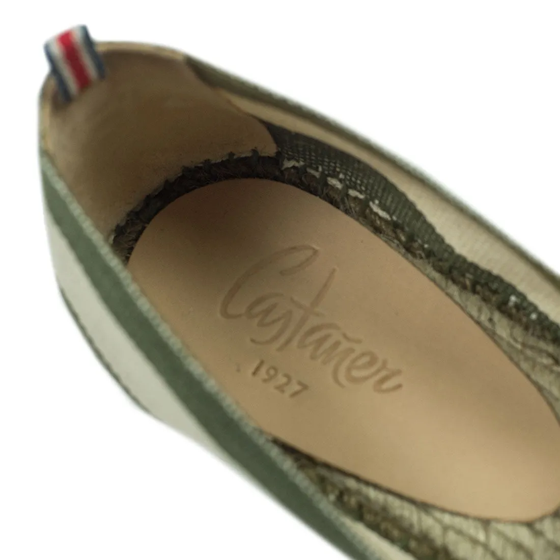 Army green and ecru woven stripes espadrilles with khaki sole