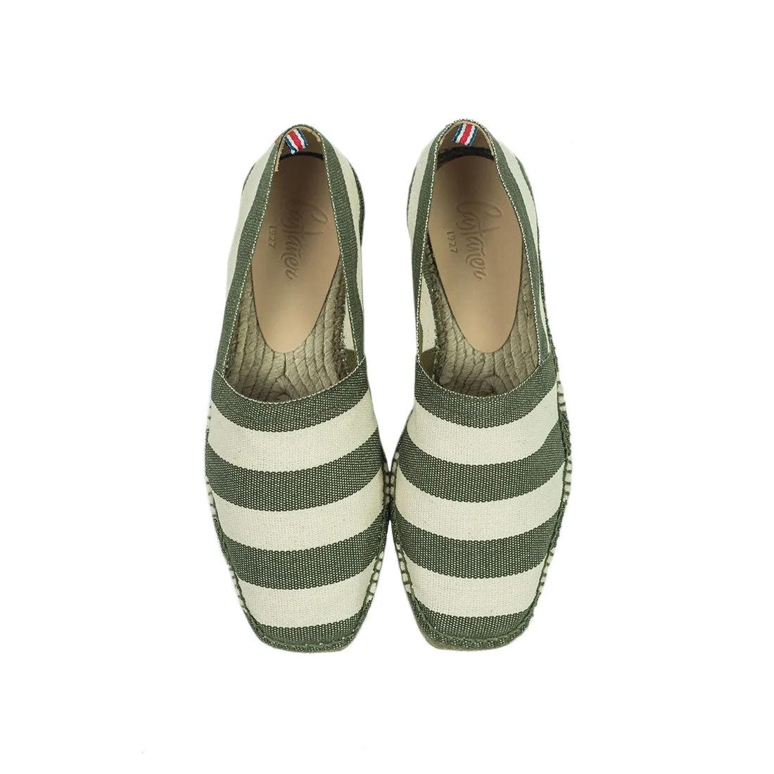 Army green and ecru woven stripes espadrilles with khaki sole