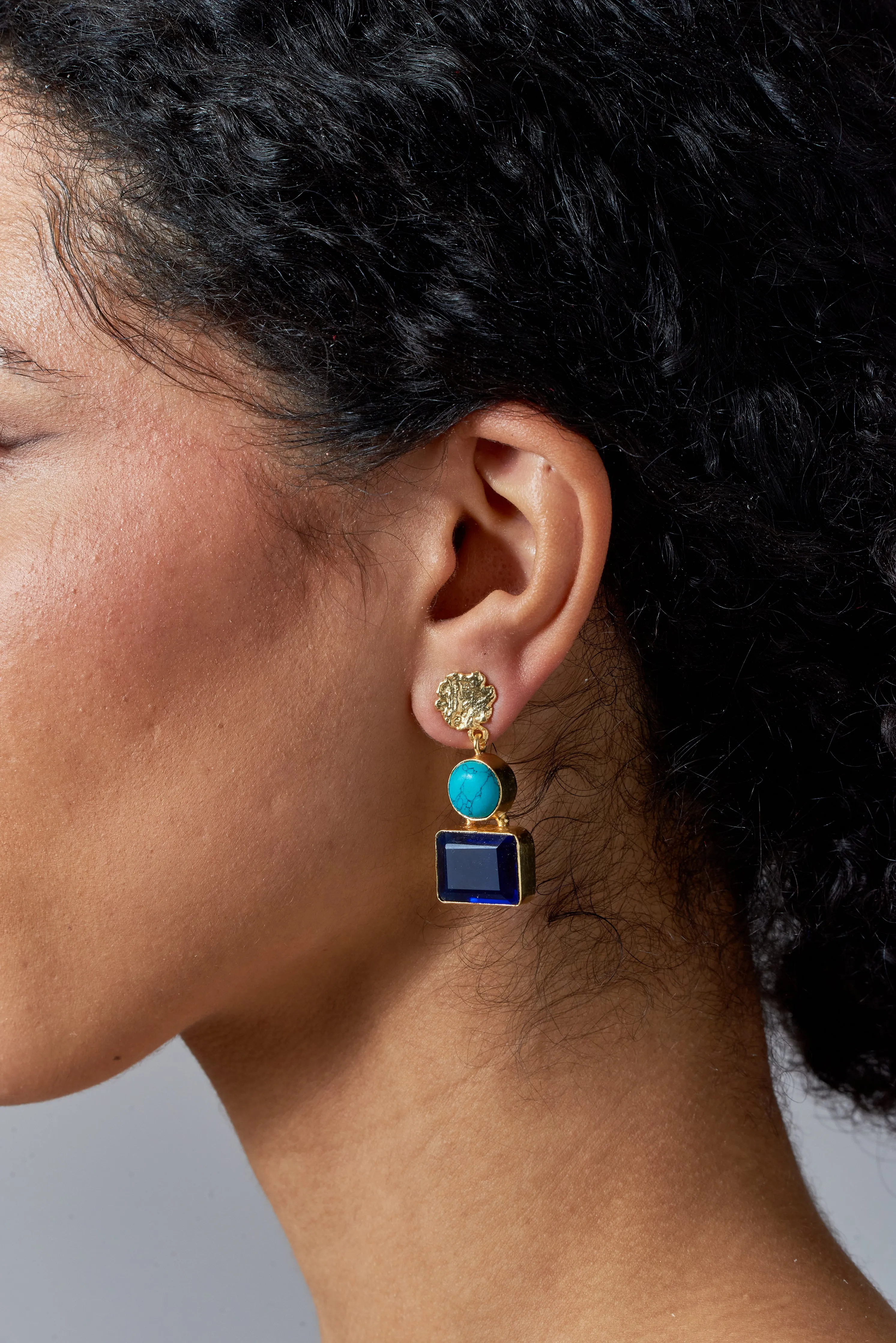Bali Queen, Gemstone turquoise & chalcedony 2 tier earrings