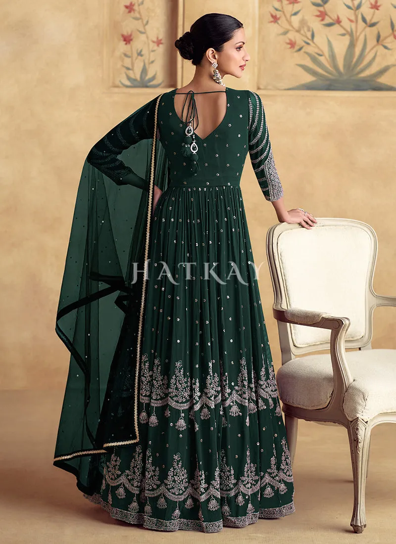 Bottle Green Reshamkari Embroidery Wedding Anarkali Dress