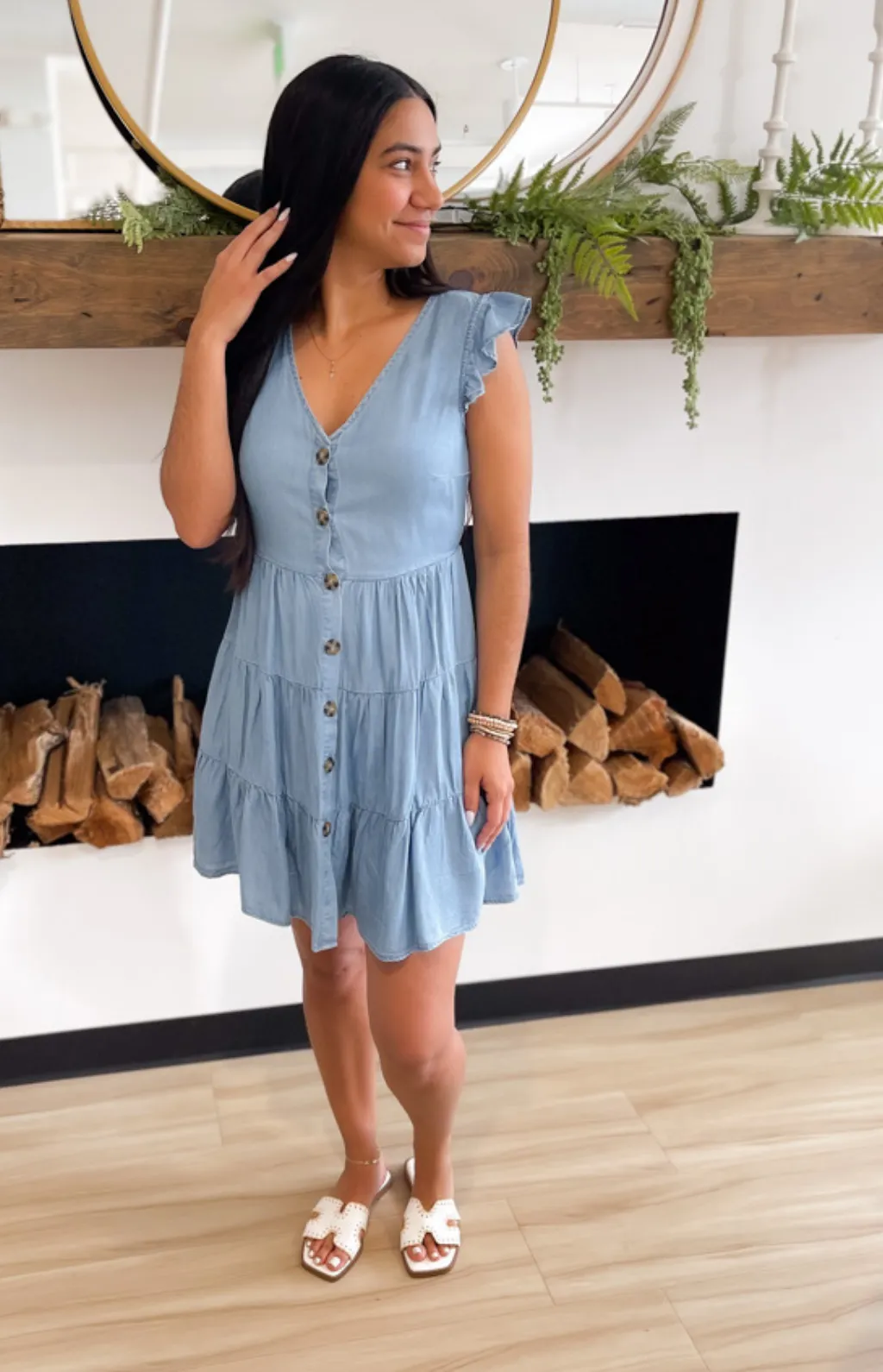 Button Down Tiered Chambray Mini Dress