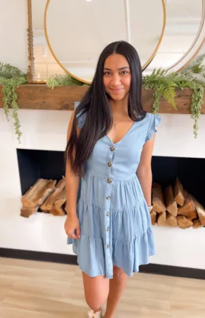 Button Down Tiered Chambray Mini Dress