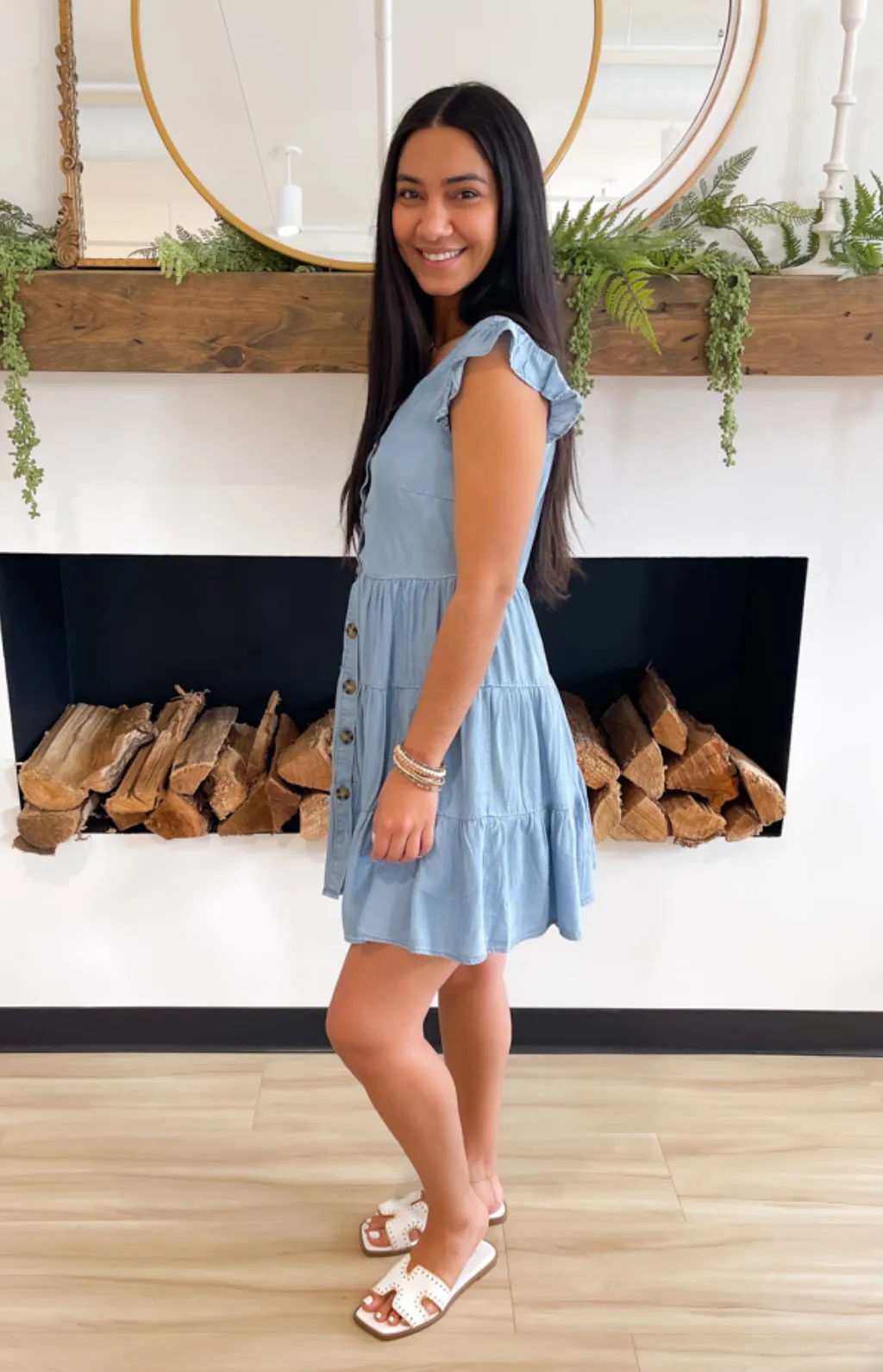 Button Down Tiered Chambray Mini Dress