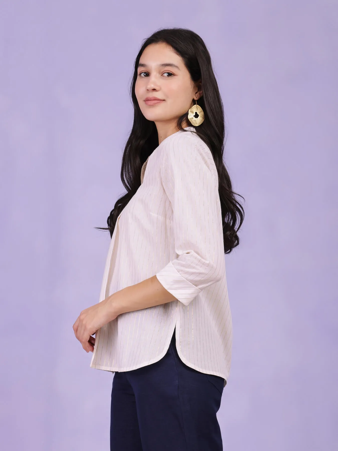 Cotton Lurex V-Neck Top - White