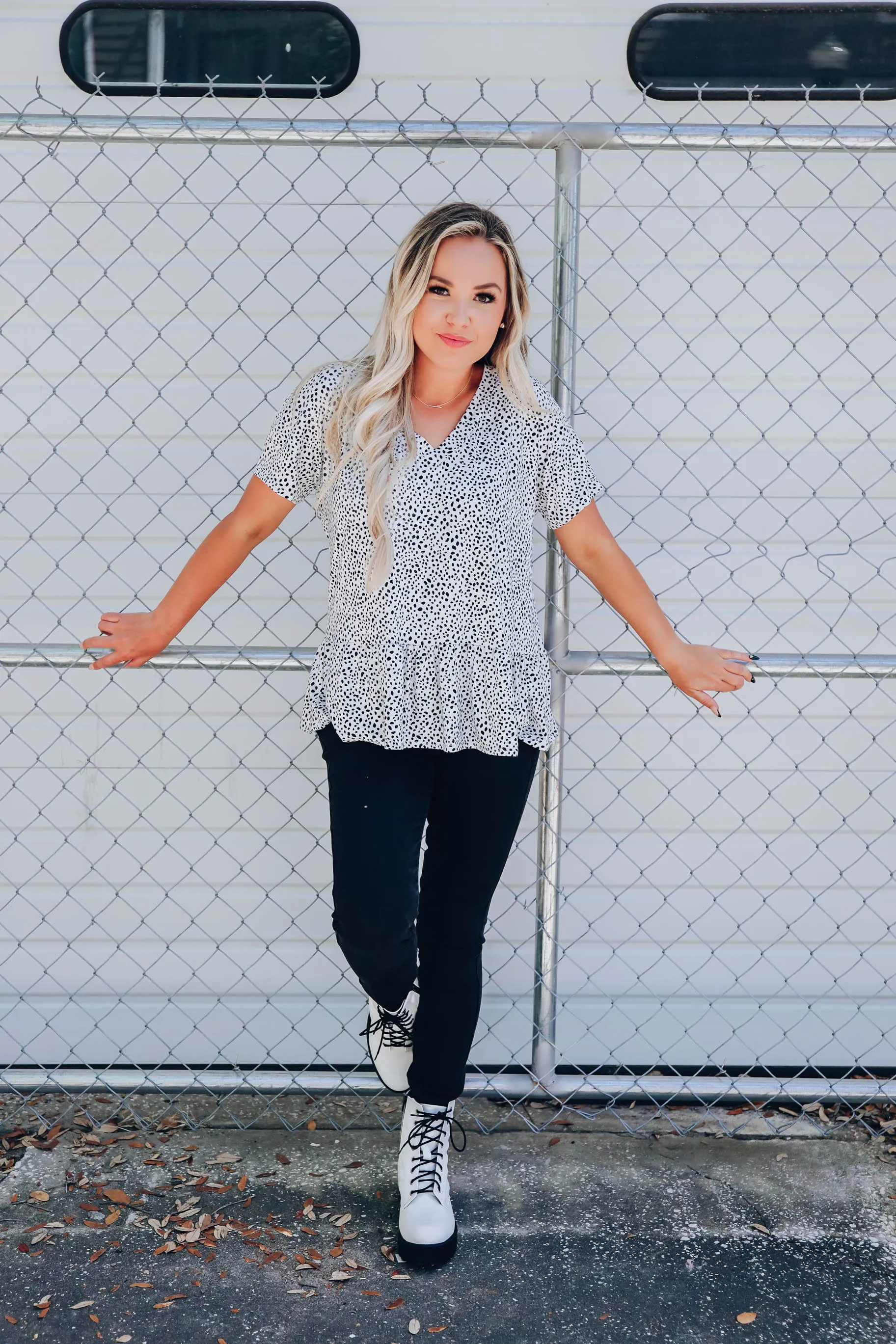 Dalmatia Dotted Ruffle Hem Top