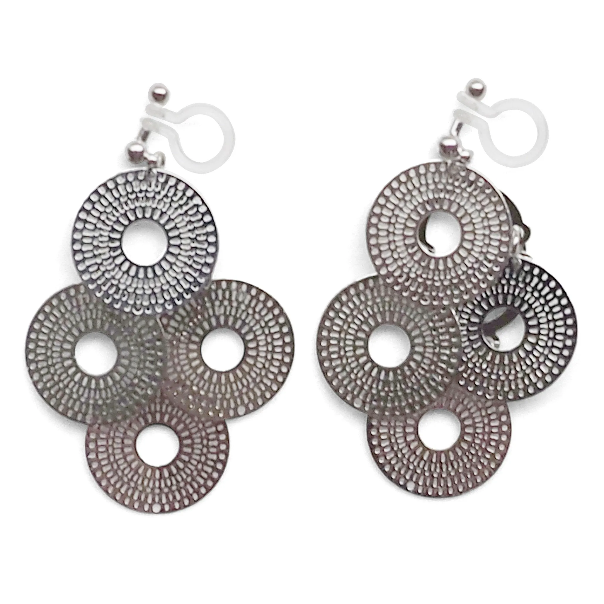 Dangle silver circle filigree invisible clip on earrings