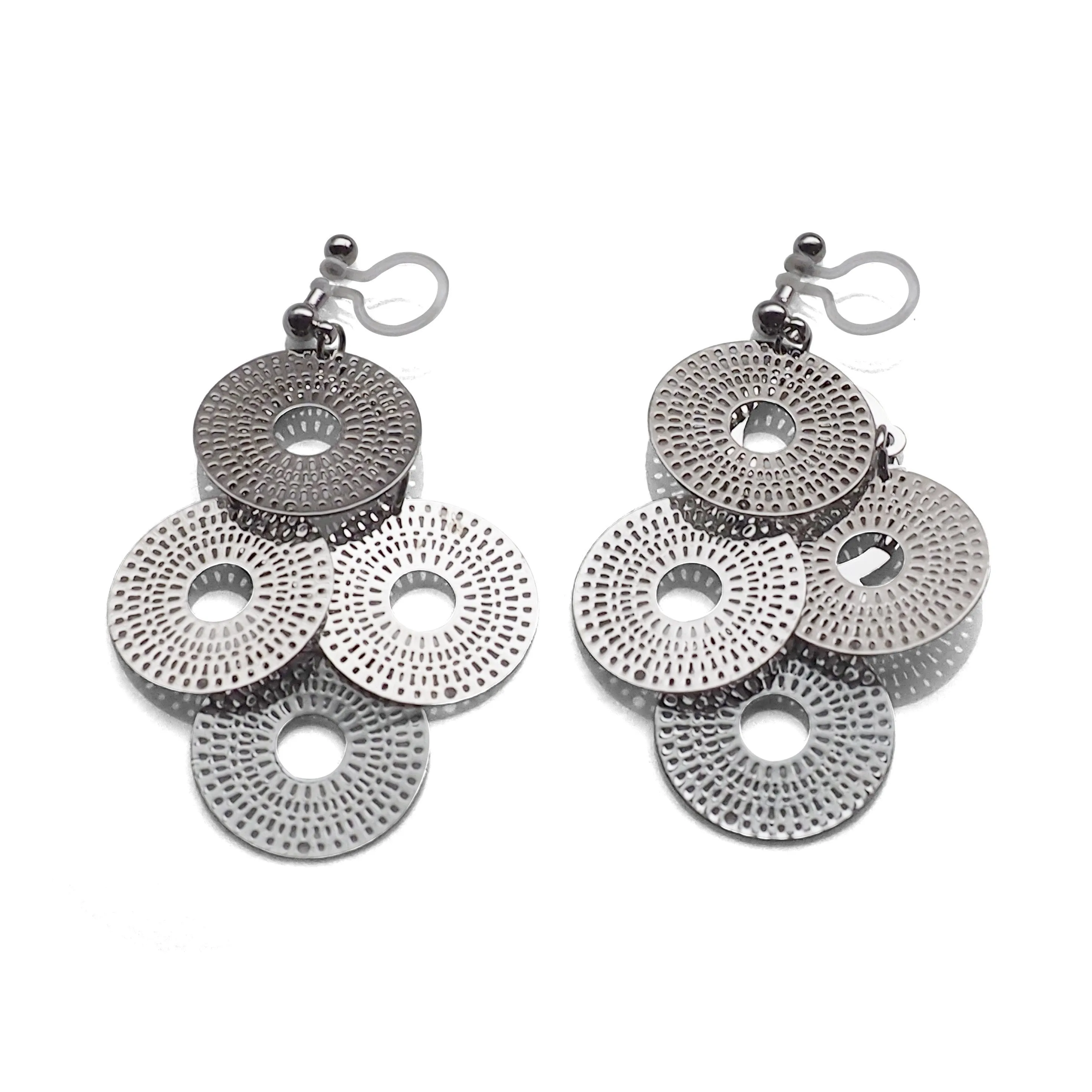 Dangle silver circle filigree invisible clip on earrings
