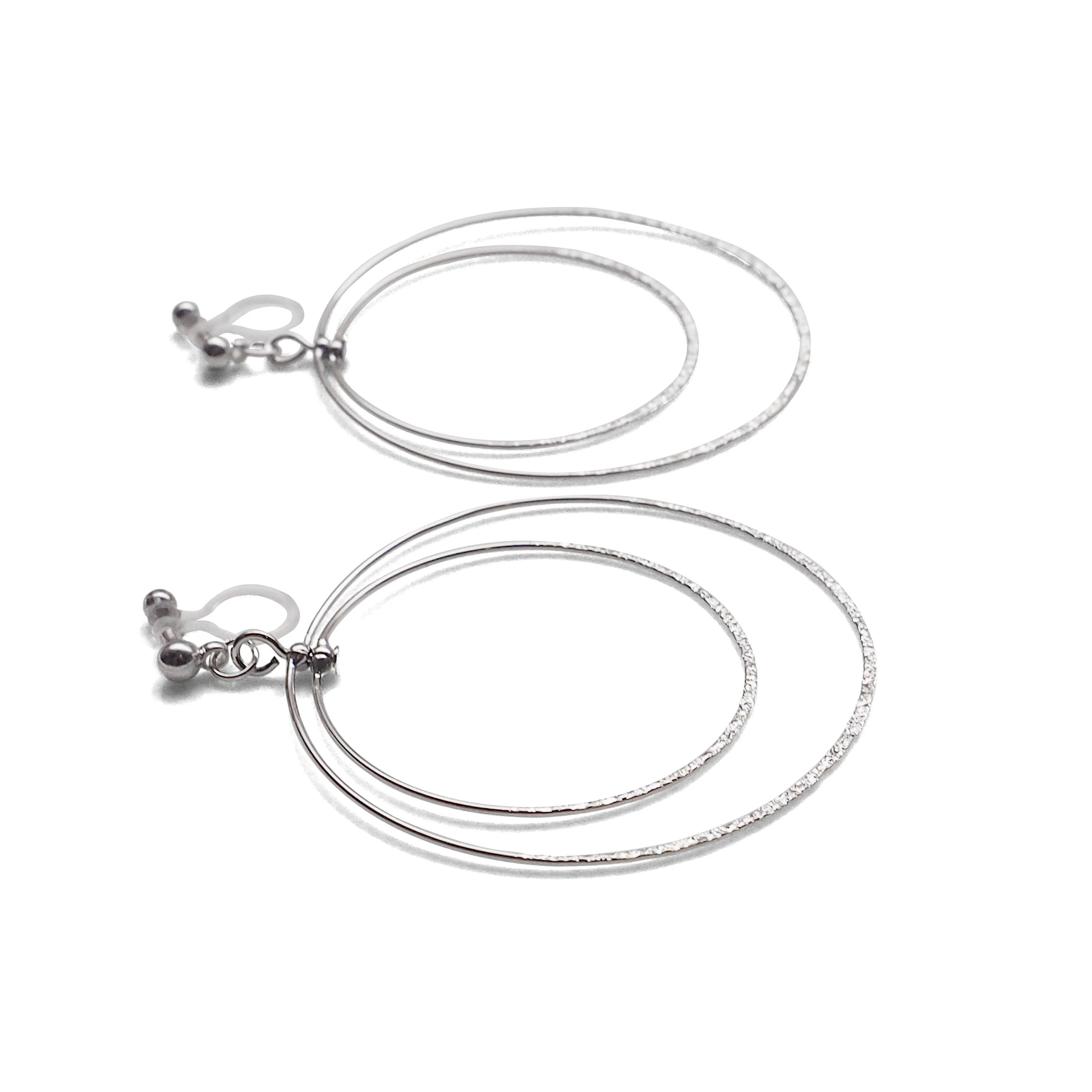 Dangle Silver Double Circle Hoop Invisible Clip on Earrings