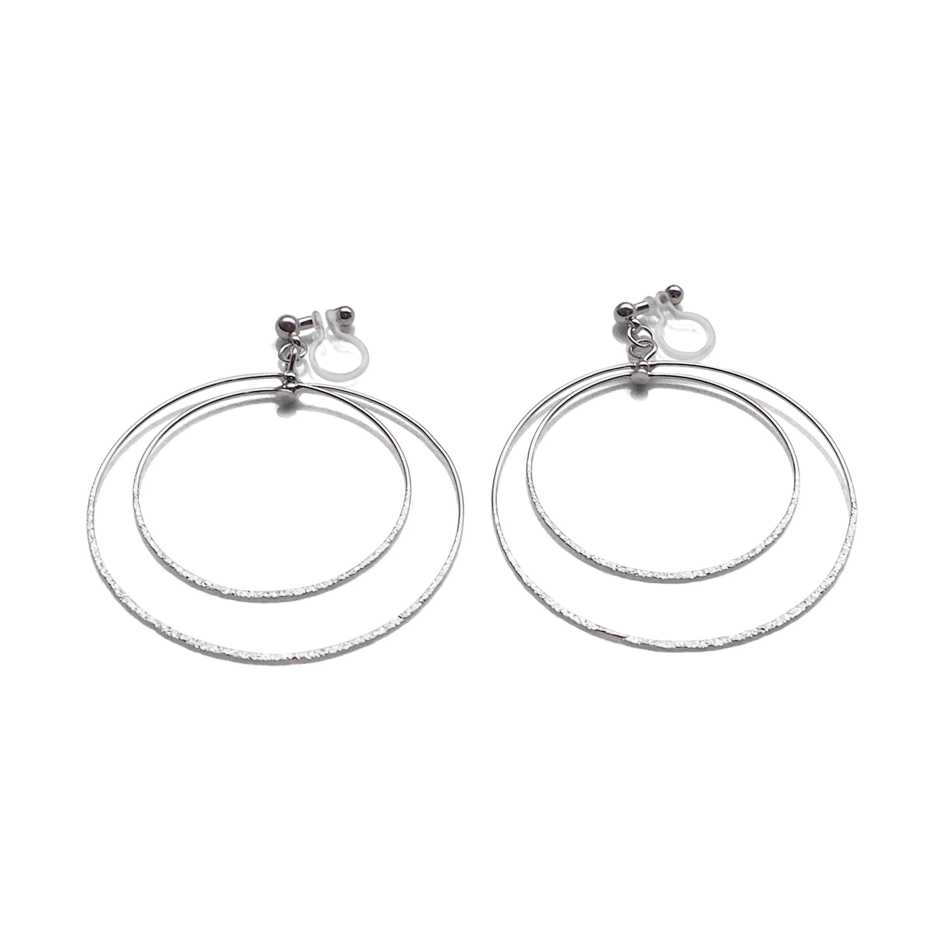 Dangle Silver Double Circle Hoop Invisible Clip on Earrings