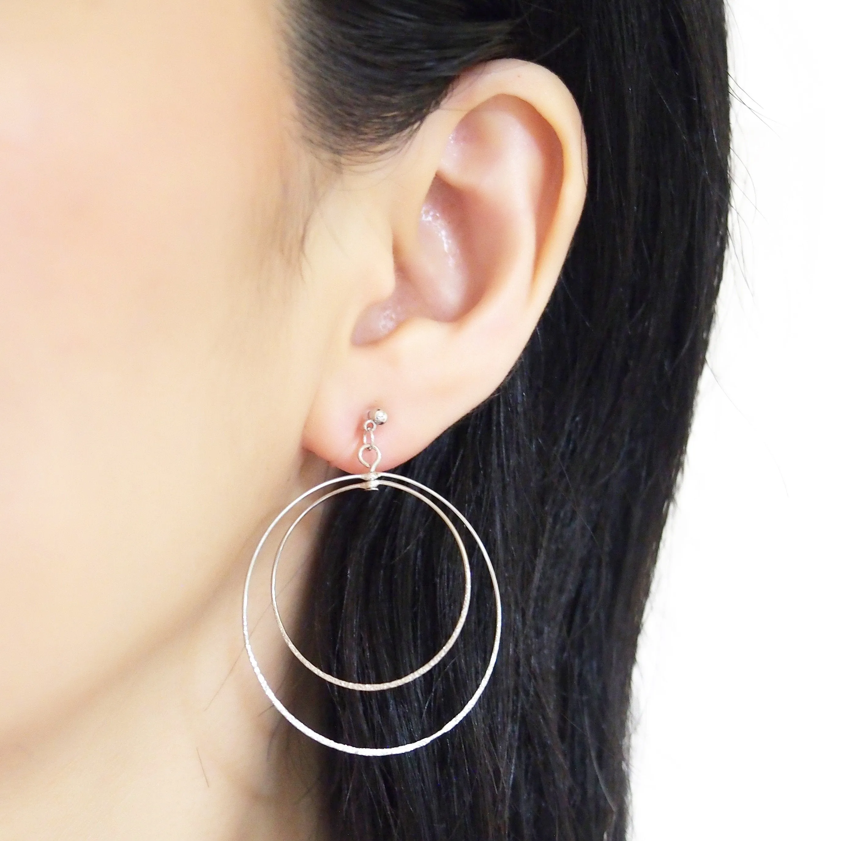 Dangle Silver Double Circle Hoop Invisible Clip on Earrings