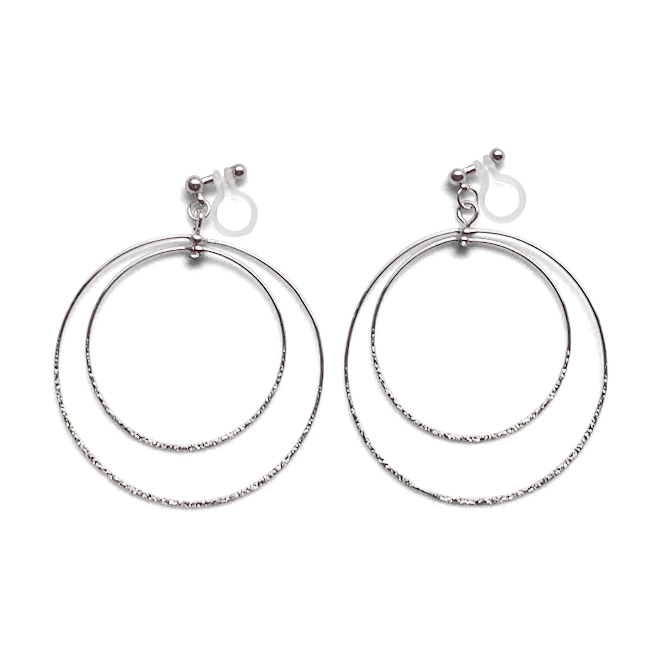 Dangle Silver Double Circle Hoop Invisible Clip on Earrings
