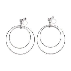 Dangle Silver Double Circle Hoop Invisible Clip on Earrings