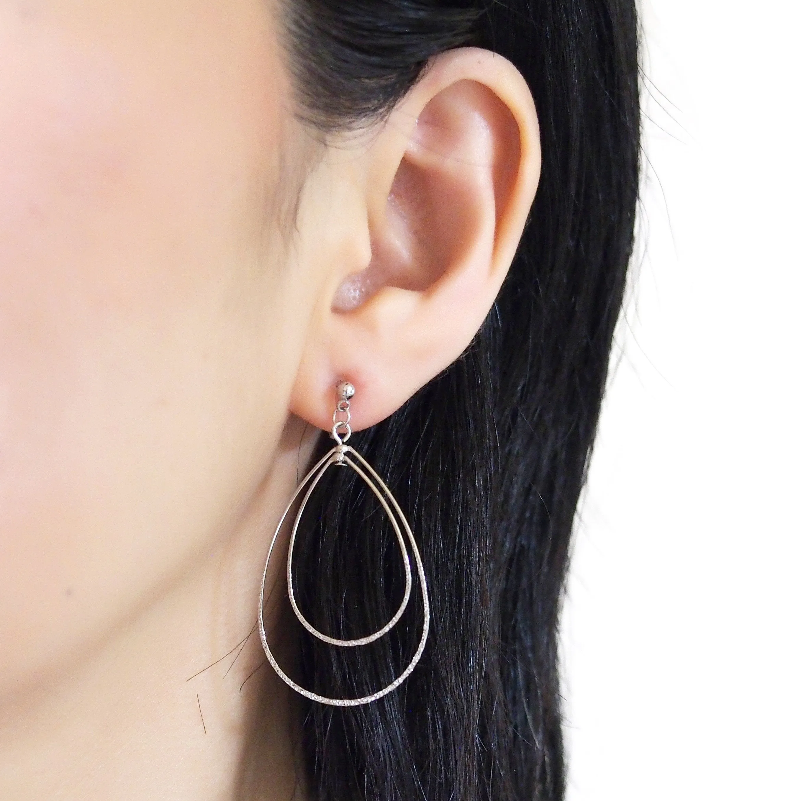 Dangle Silver Double Teardrop Hoop Invisible Clip on Earrings