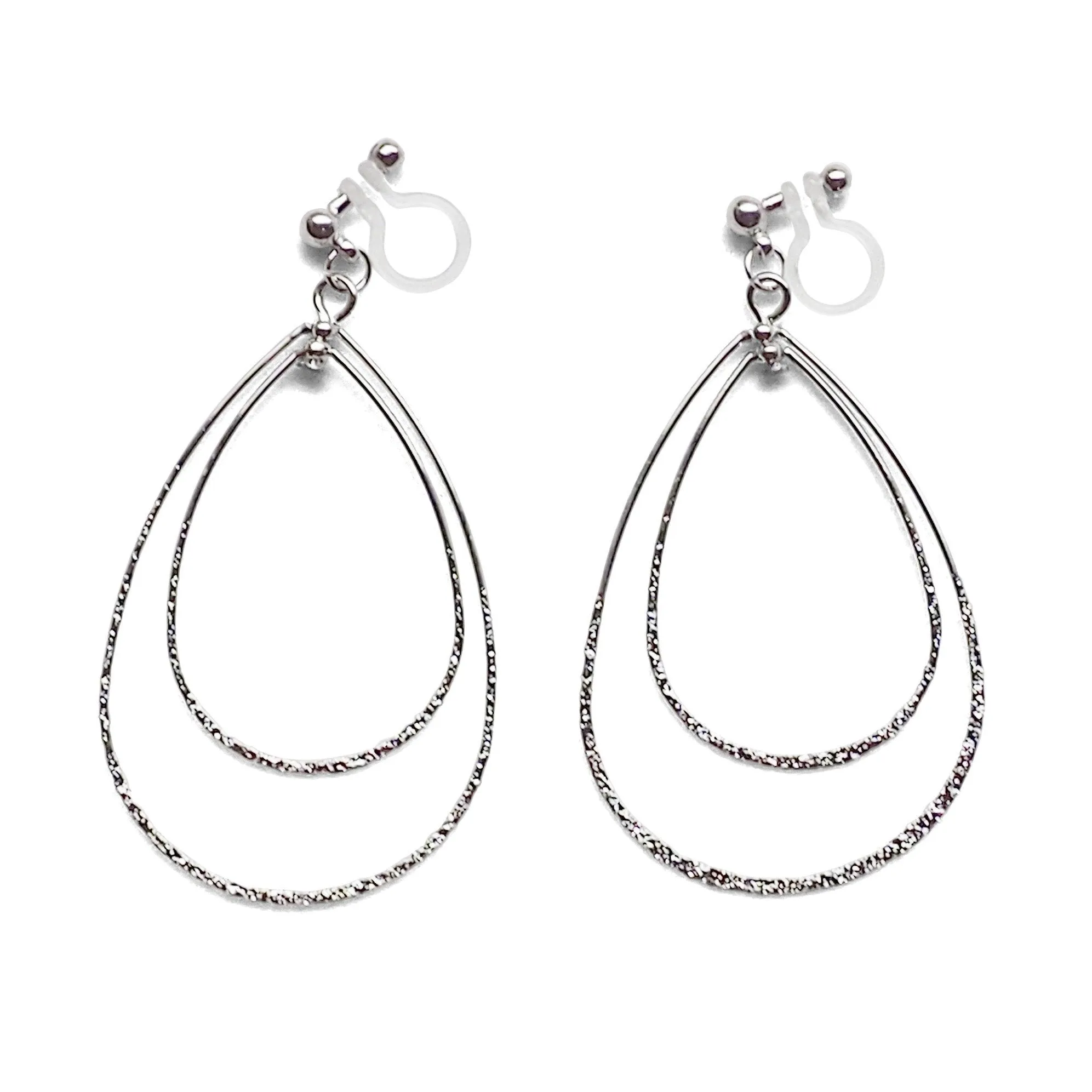 Dangle Silver Double Teardrop Hoop Invisible Clip on Earrings