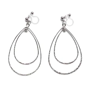 Dangle Silver Double Teardrop Hoop Invisible Clip on Earrings