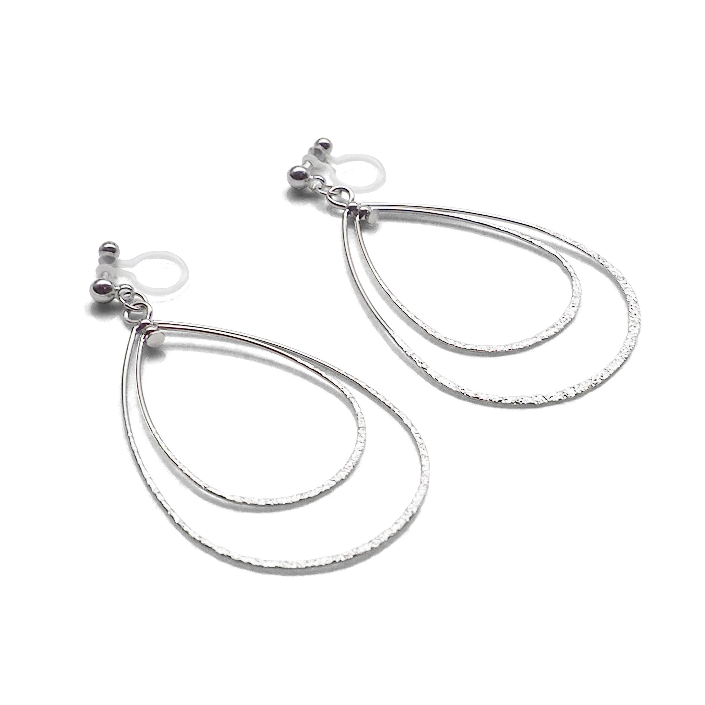 Dangle Silver Double Teardrop Hoop Invisible Clip on Earrings