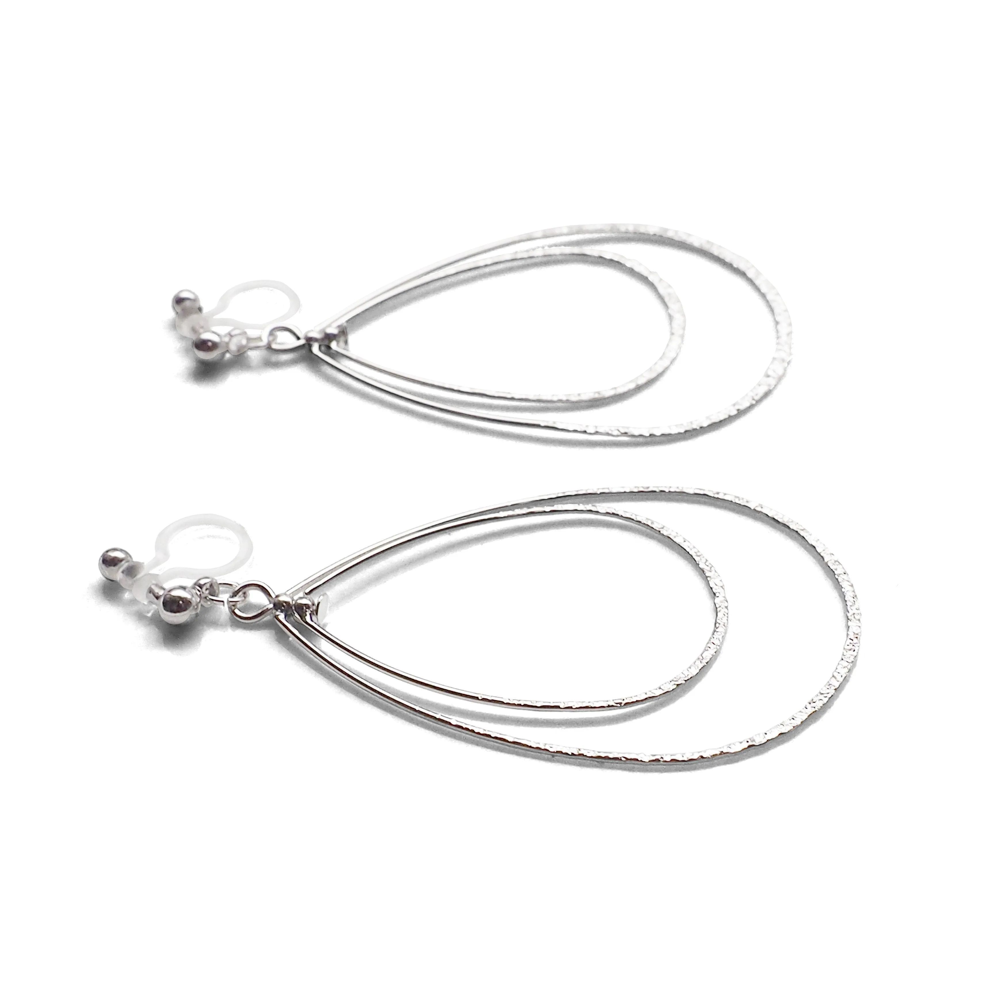 Dangle Silver Double Teardrop Hoop Invisible Clip on Earrings
