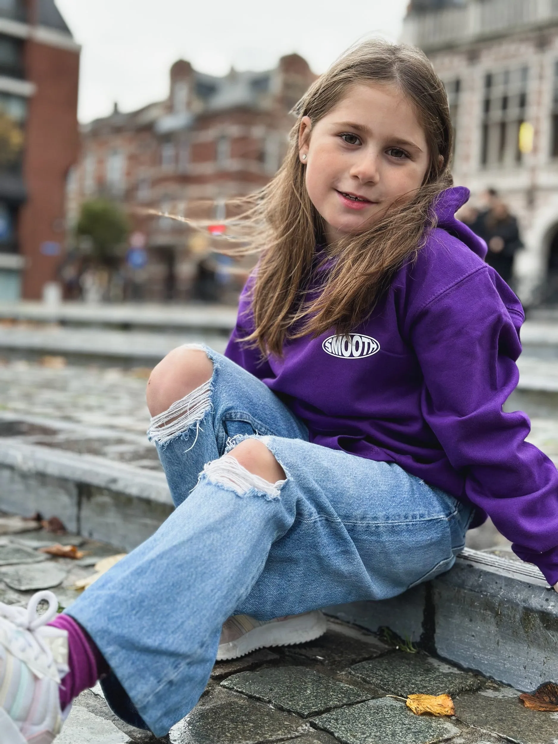 Dark Purple Kids Hoodie / Oval White Front Back Girls