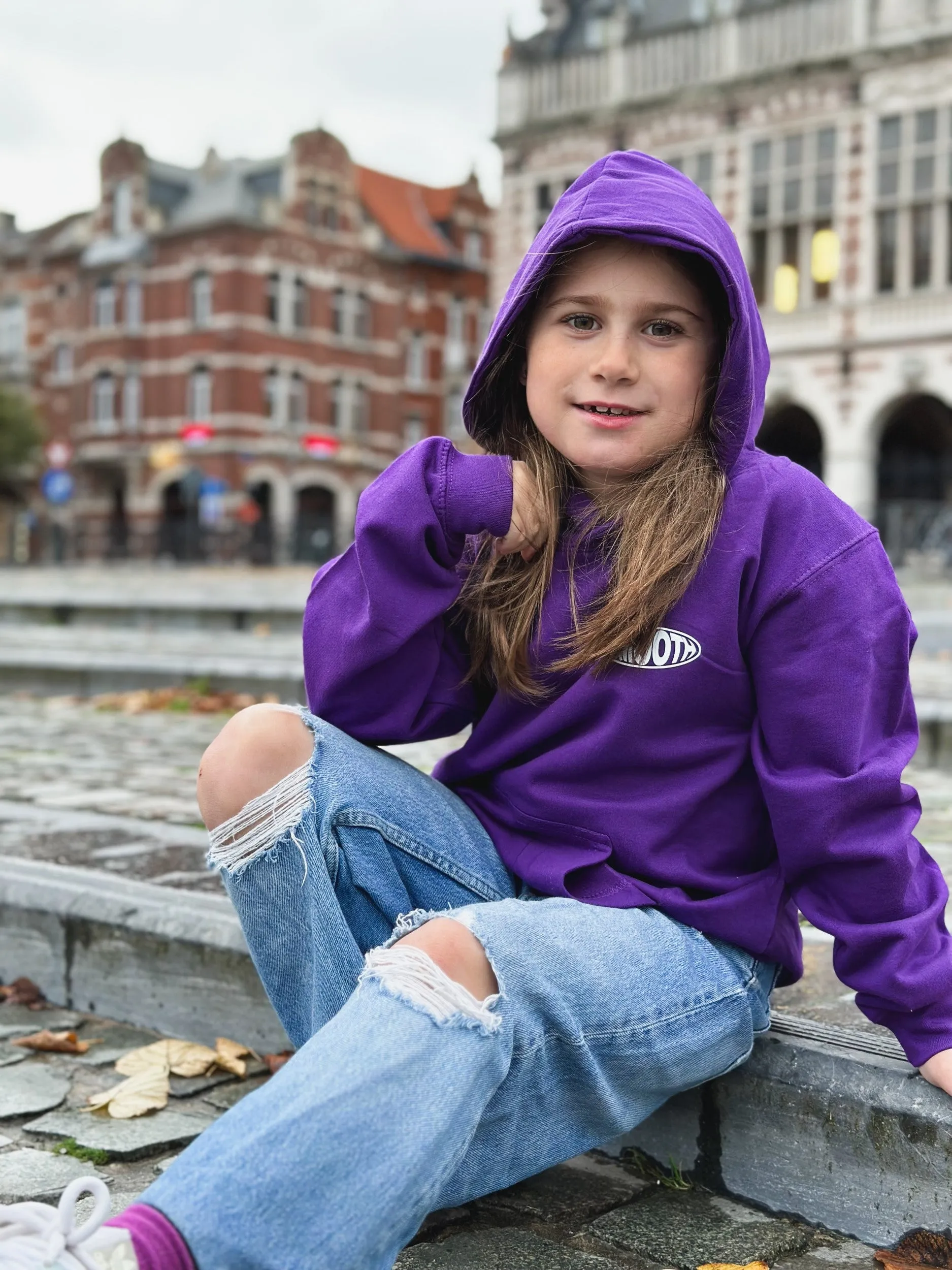 Dark Purple Kids Hoodie / Oval White Front Back Girls
