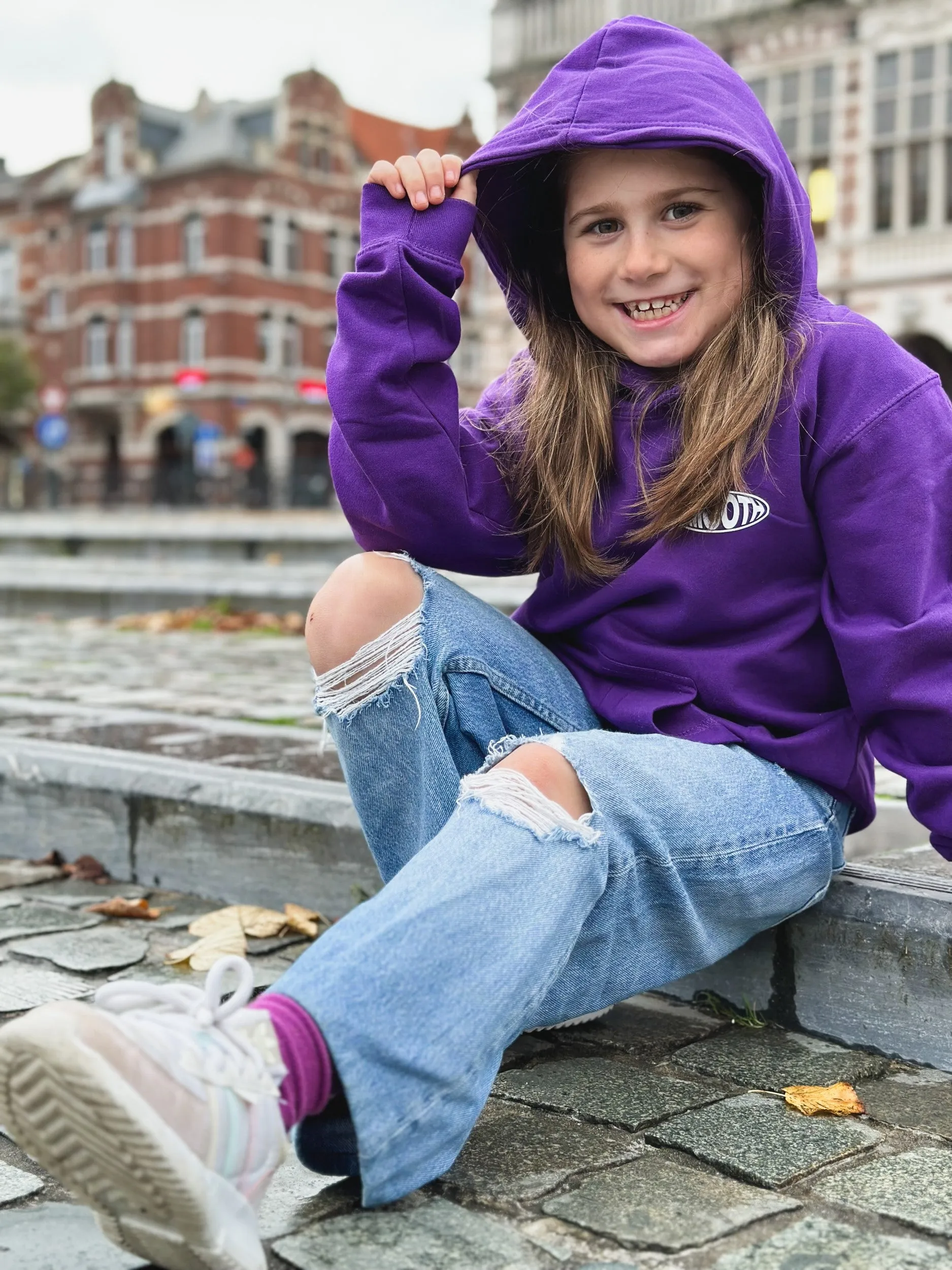 Dark Purple Kids Hoodie / Oval White Front Back Girls