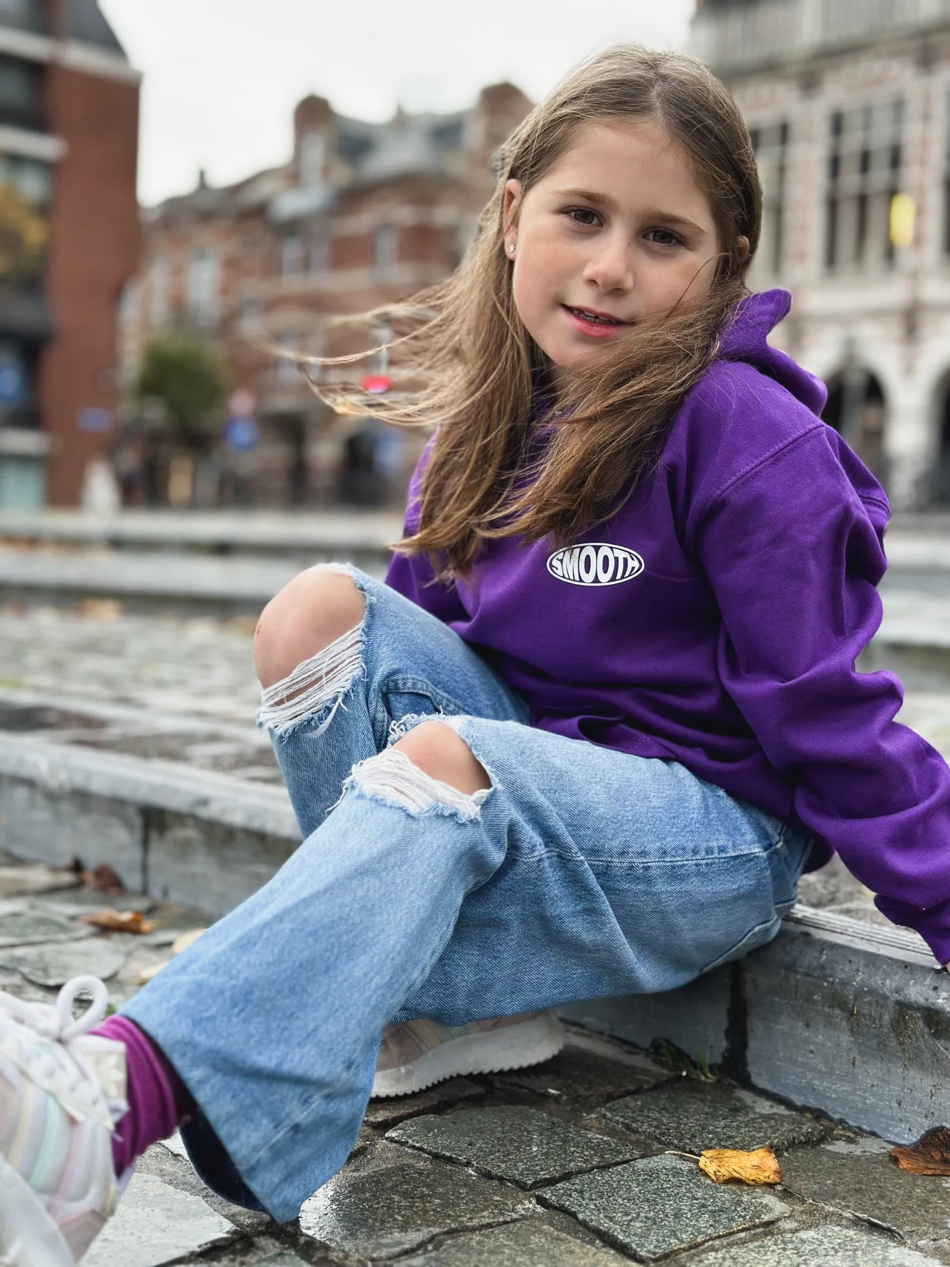 Dark Purple Kids Hoodie / Oval White Front Back Girls