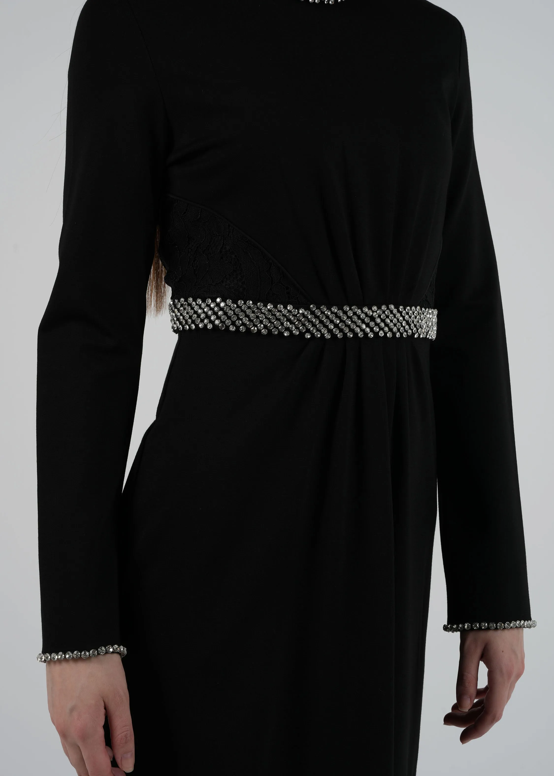 Elegant Crystal Embellished Maxi Dress with Lace Waist Details