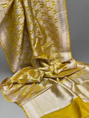 Elegant Yellow Pure Silk Banarasi Saree with Handwoven Jaal Work