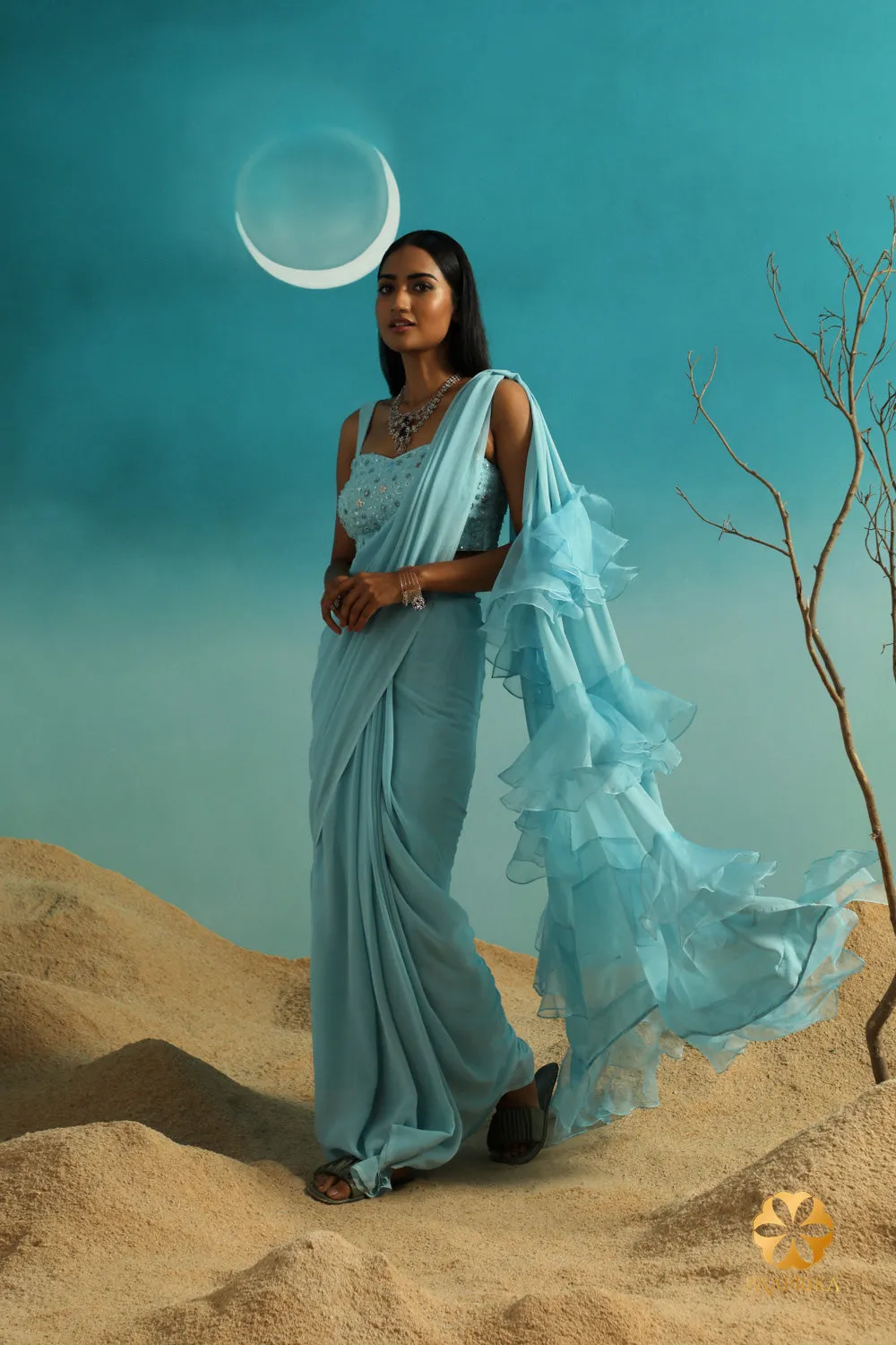 Enchanting Pastel Aqua Blue Ruffle Georgette Saree - Delicate Ruffles and Embroidered Blouse for a Graceful Look