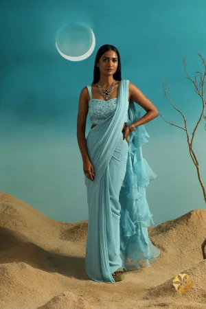 Enchanting Pastel Aqua Blue Ruffle Georgette Saree - Delicate Ruffles and Embroidered Blouse for a Graceful Look