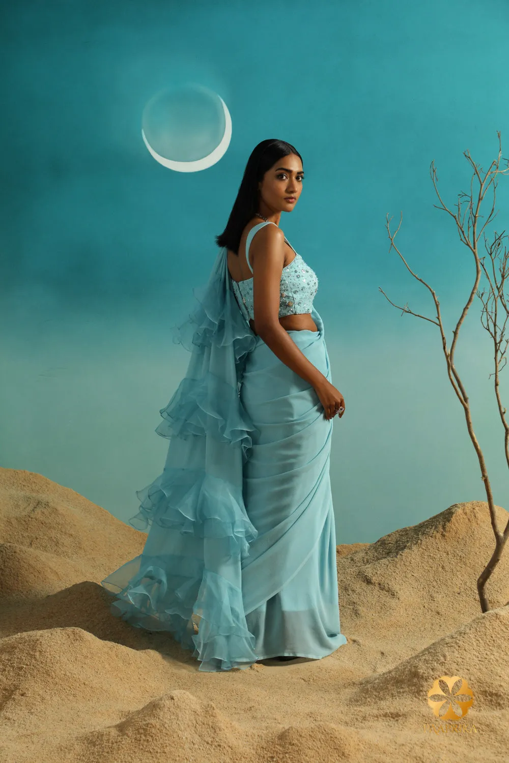 Enchanting Pastel Aqua Blue Ruffle Georgette Saree - Delicate Ruffles and Embroidered Blouse for a Graceful Look