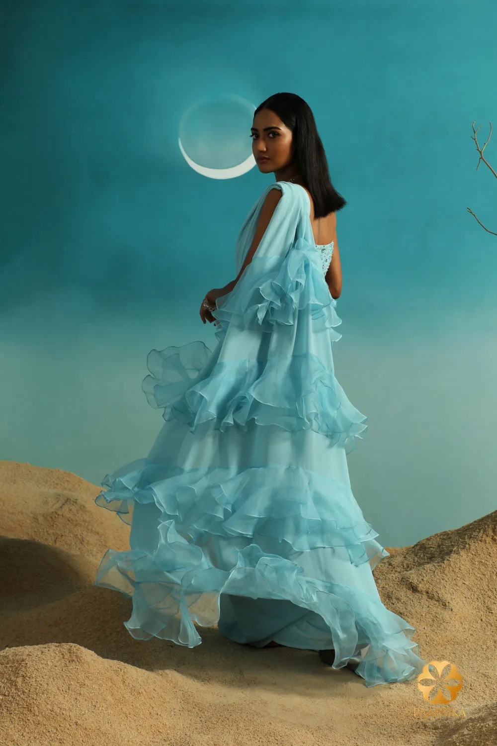 Enchanting Pastel Aqua Blue Ruffle Georgette Saree - Delicate Ruffles and Embroidered Blouse for a Graceful Look