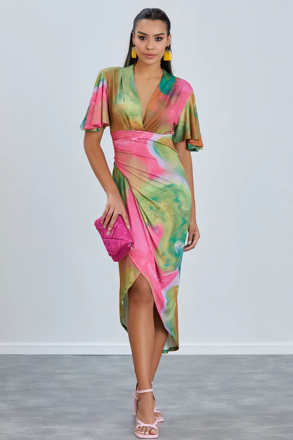 Ethereal Angel Sleeve Wrap Dress in Samui Green Print