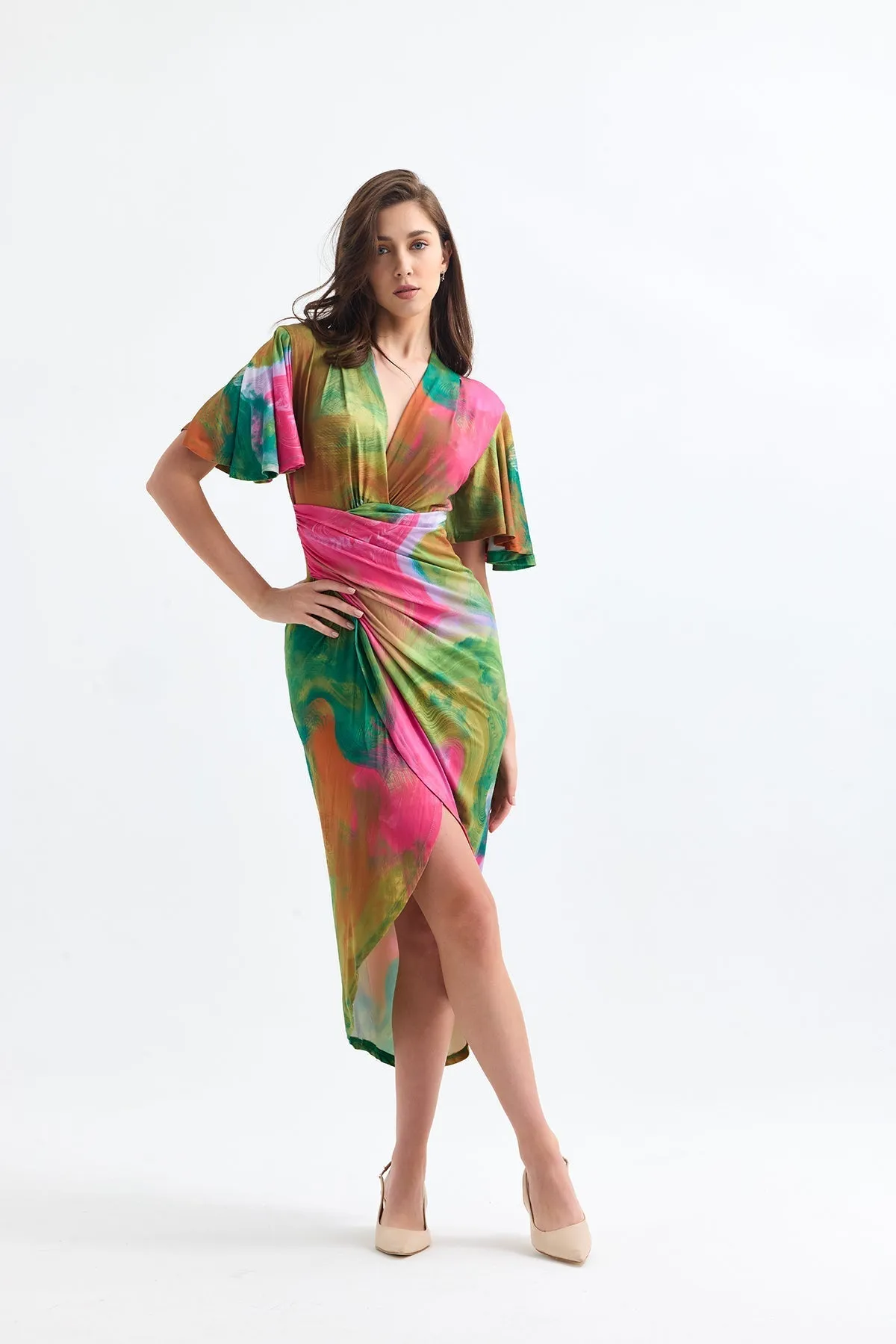 Ethereal Angel Sleeve Wrap Dress in Samui Green Print