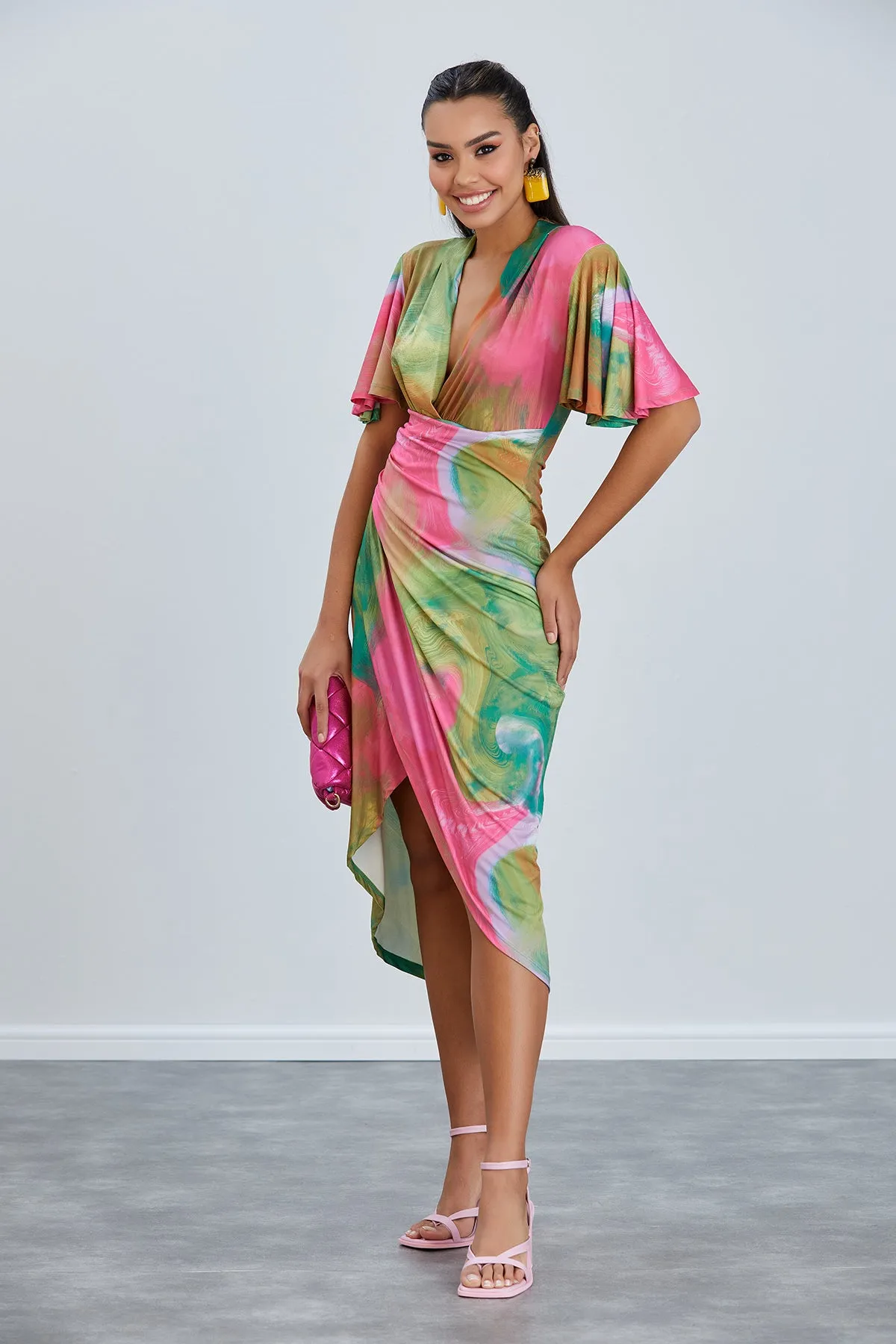 Ethereal Angel Sleeve Wrap Dress in Samui Green Print