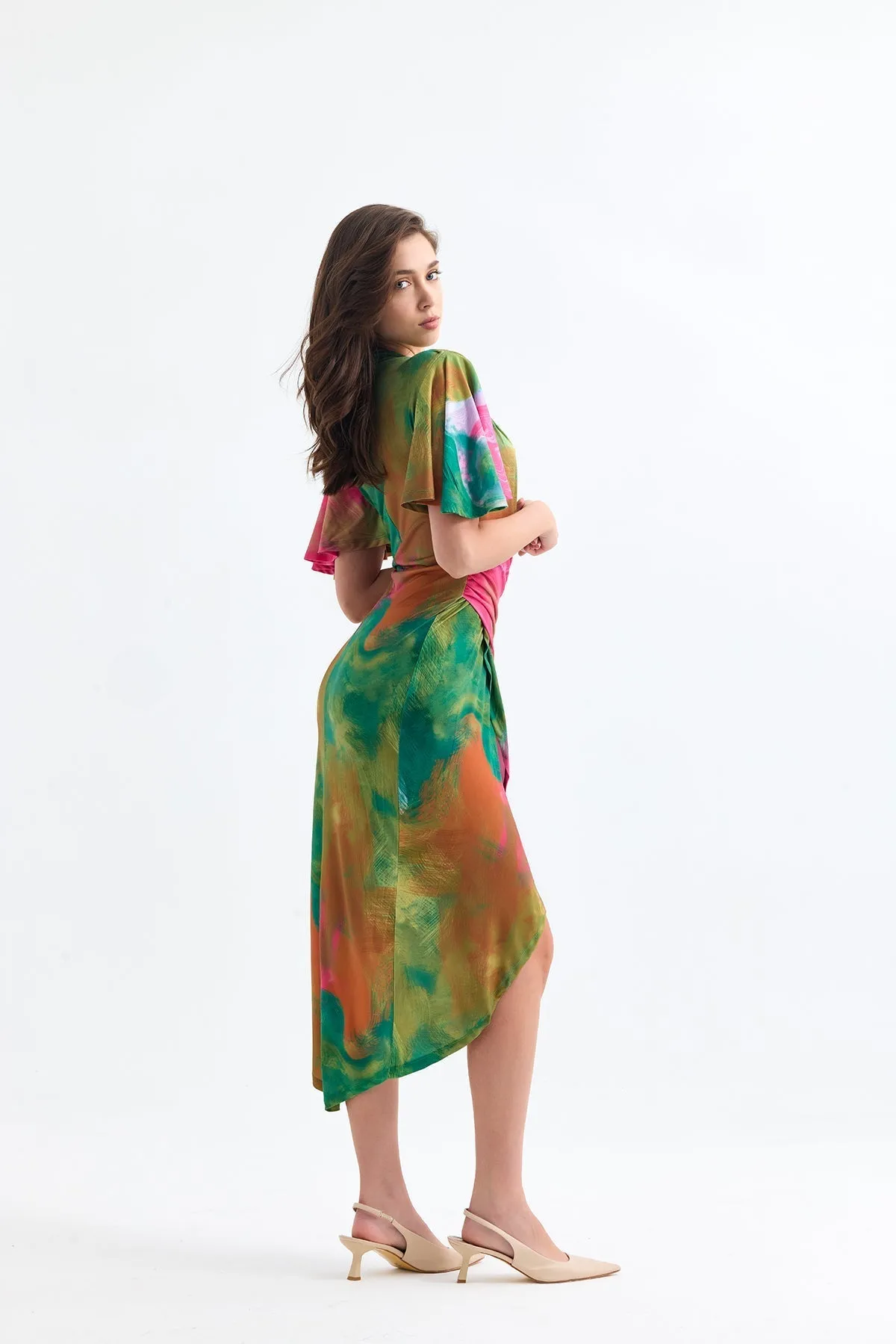 Ethereal Angel Sleeve Wrap Dress in Samui Green Print