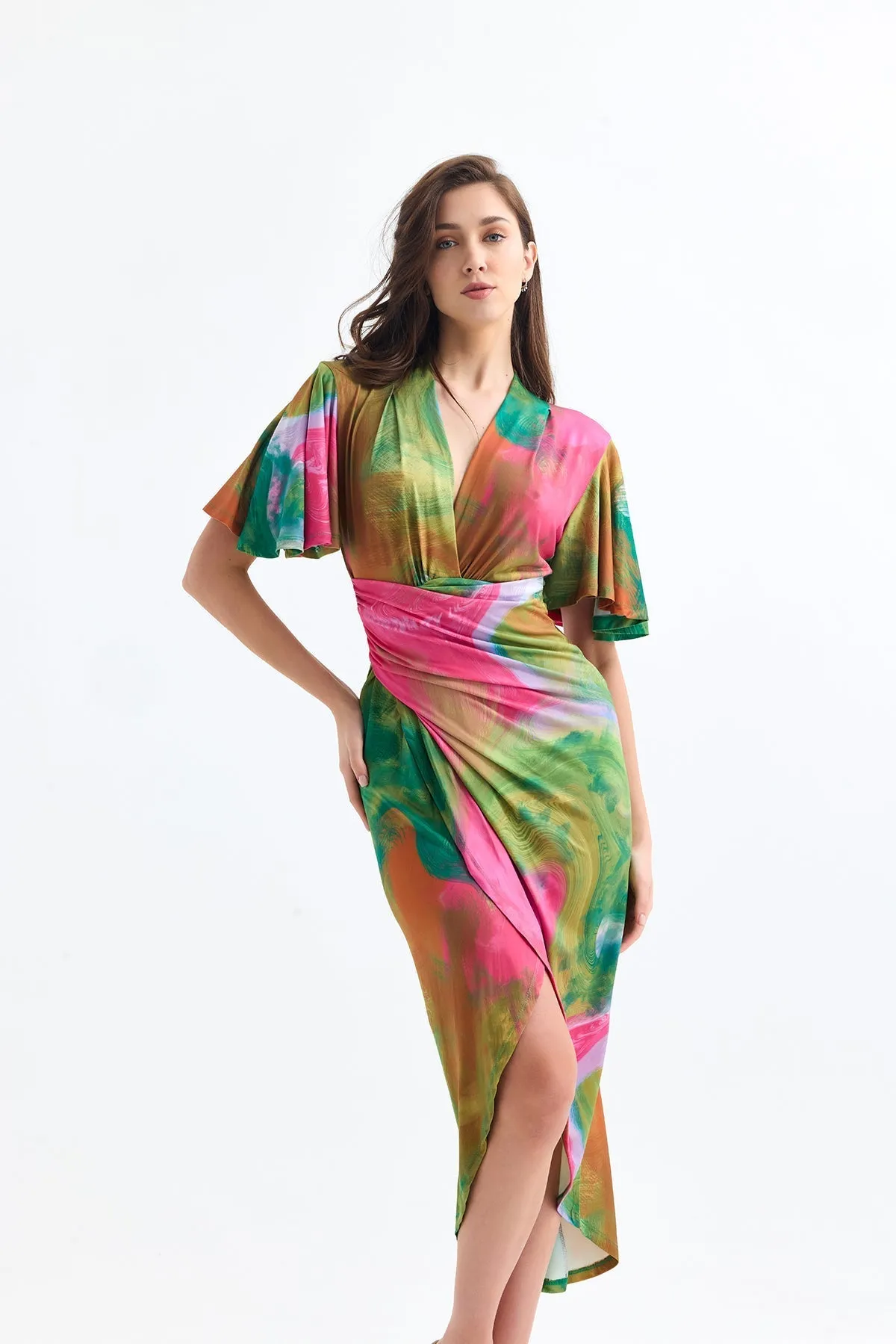 Ethereal Angel Sleeve Wrap Dress in Samui Green Print
