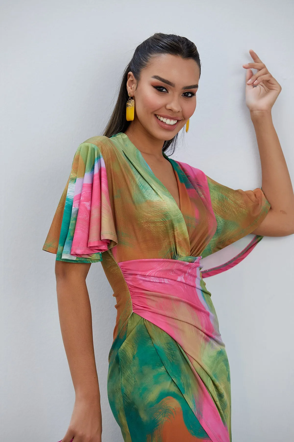 Ethereal Angel Sleeve Wrap Dress in Samui Green Print